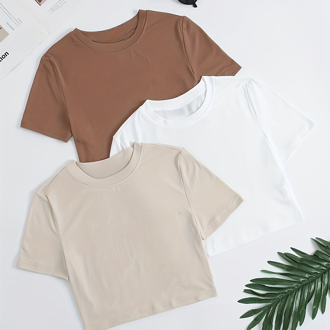 

Solid T-shirt 3 Pack, Versatile Crew Neck Short Sleeve Crop T-shirt For Spring & Summer, Women's Clothing