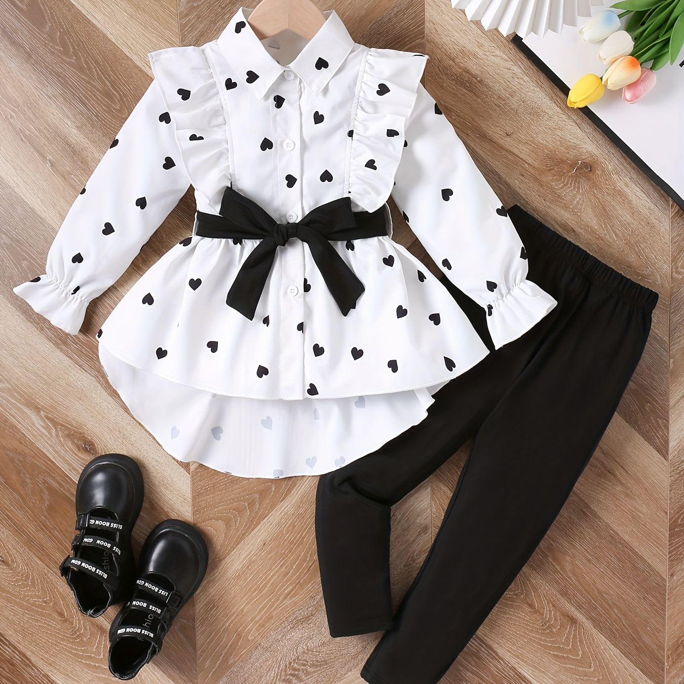 

3pcs Heart Print Ruffle Trim Top + Solid Pants + Bow Belt Set Kids Clothes For Girls Spring Fall Gift