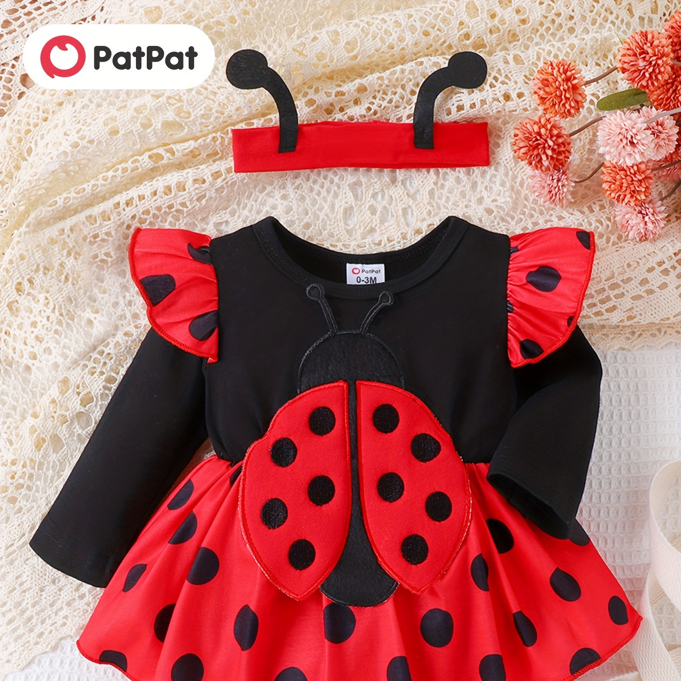 

Patpat 2pcs Baby Girls Cute Polka Dot Print Ladybug Graphic Round Neck Long Flying-sleeve Romper Set For Spring & Autumn/fall