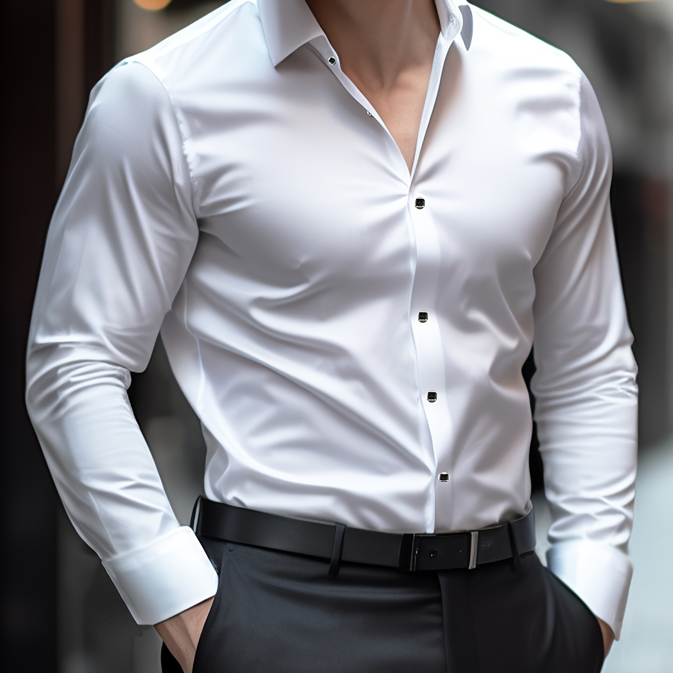 

Chemise à manches longues unie pour homme - Style mature, col cheminée, tissu polyester avec légère élasticité, détails boutonnés, silhouette skinny, chemise tissée pour adultes toutes saisons