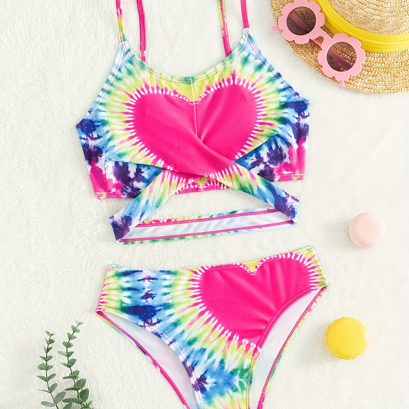 

2-piece Swimsuit Girl's Tie Dye Heart Print Tankini Top + Bottom Swimwear, Pool/beach Swimming Bathing Suits