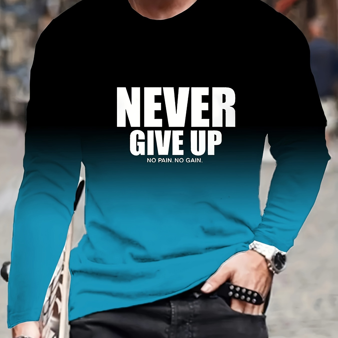 

Men's Long Sleeve Crew Neck T-shirt Casual Style With 'never Give Up' Motivational Print, 100% Polyester Knit Fabric With Slight Stretch - Regular Fit