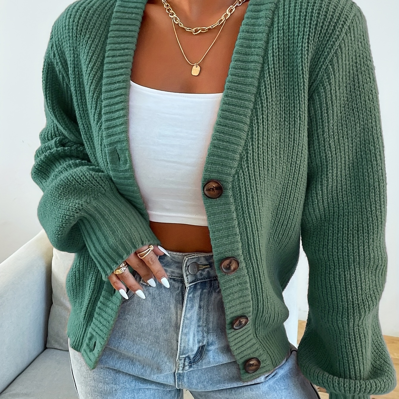 

Women's Elegant V-neck Cardigan With Buttons, Solid Color Long Sleeve Knit Sweater, Polyester 100% - Fall/winter Fashion Outerwear