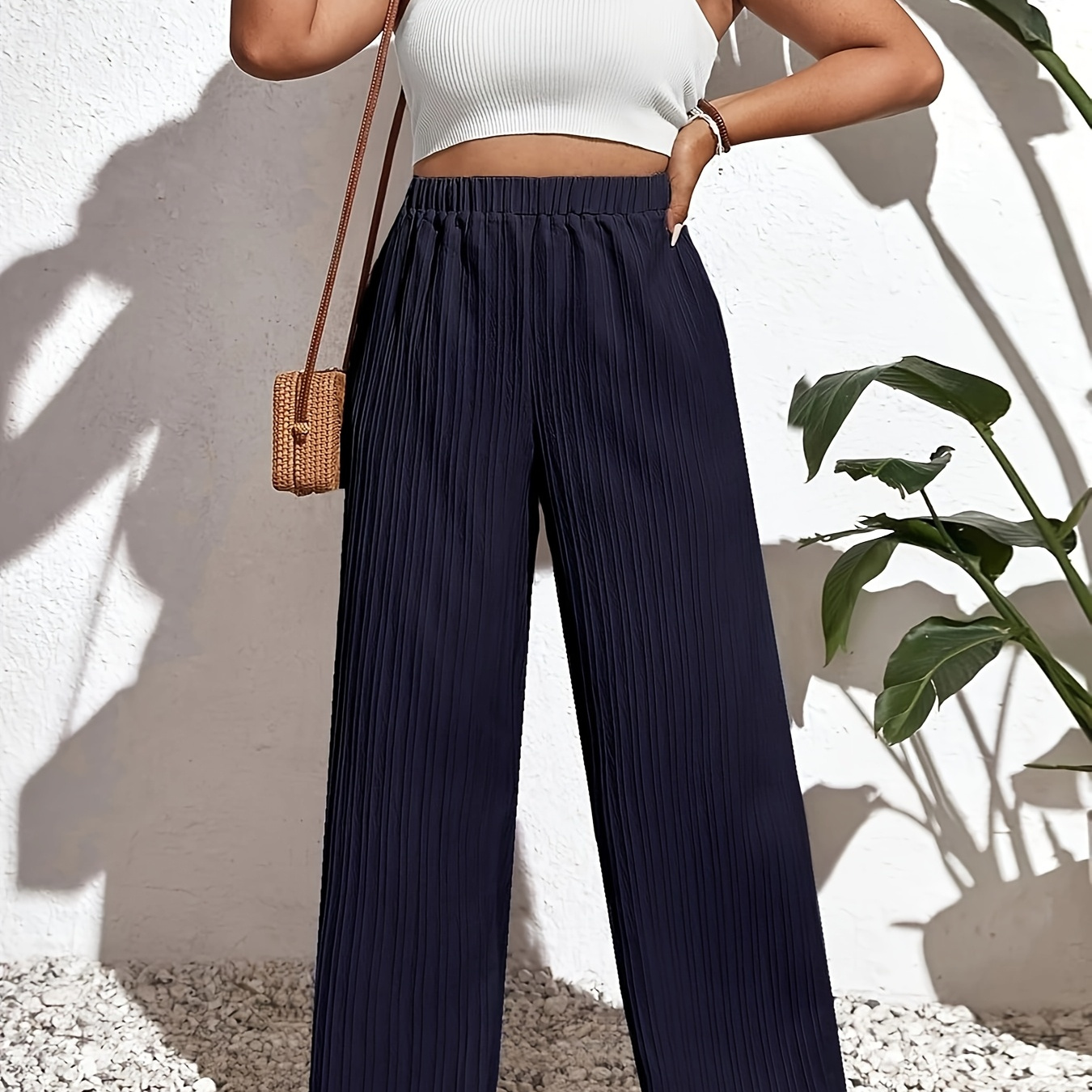 

Plus Size Solid Textured Wide Leg Pants, Casual Waistband Loose Pants For , Women's Plus Size clothing