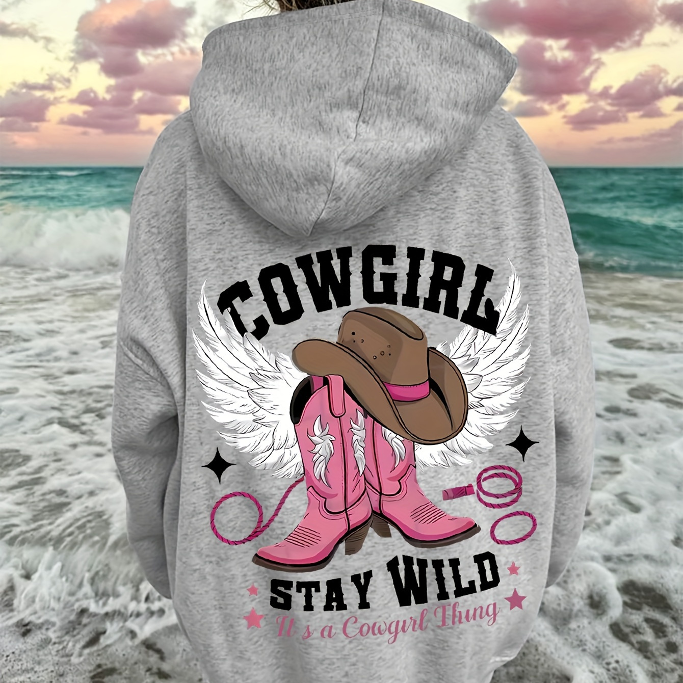 

Cowgirl Hoodie With Design, Casual Long Sleeve Pullover Sweatshirt With Hood, Polyester 100% Fabric, Western Style With Embroidered Cowboy Hat And Boots, All-season Soft Stretch Pullover With Pocket