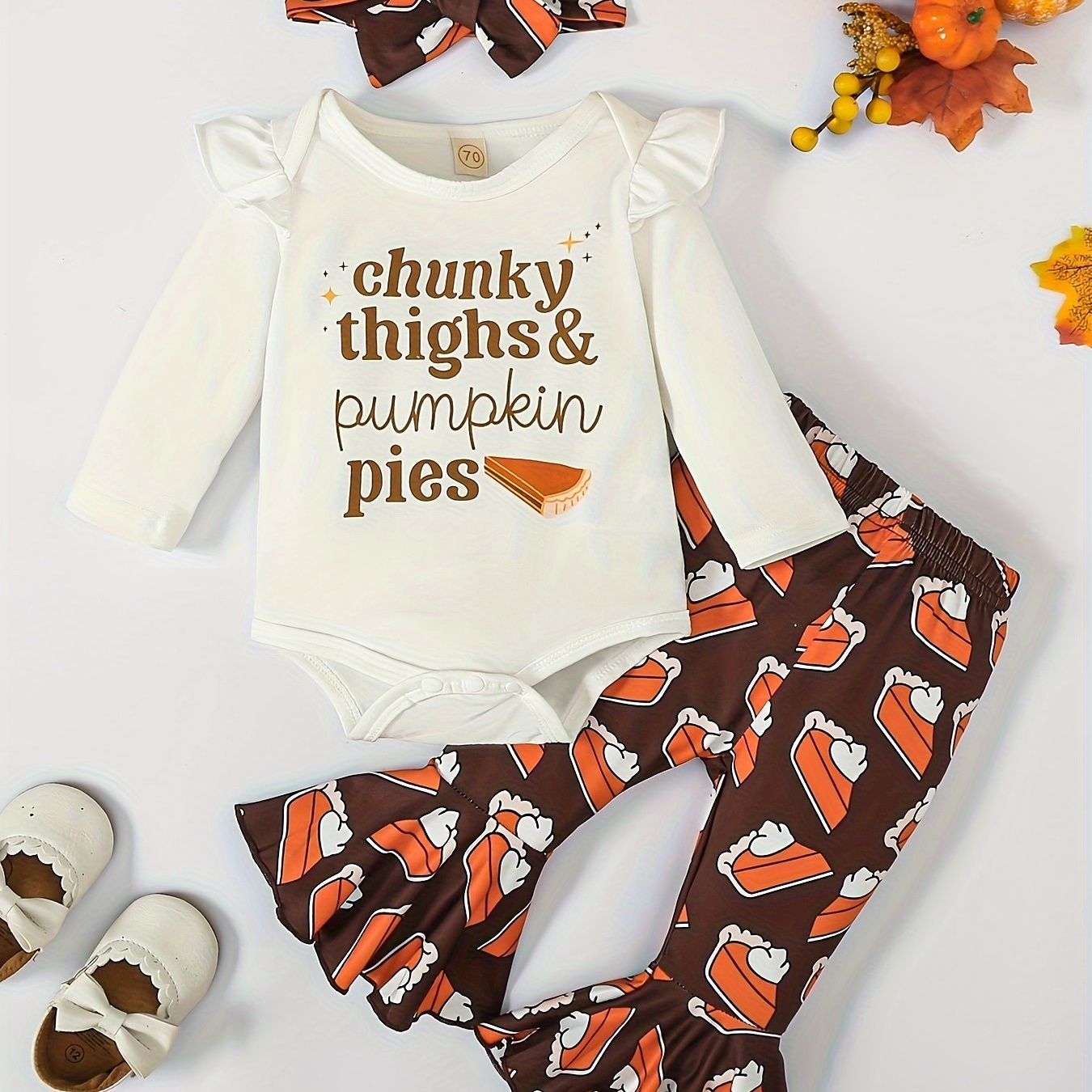 

2pcs Baby's Halloween Style Bodysuit & Hairband & Cake Pattern Flared Pants, Toddler & Infant Girl's Clothing Set For Spring Fall