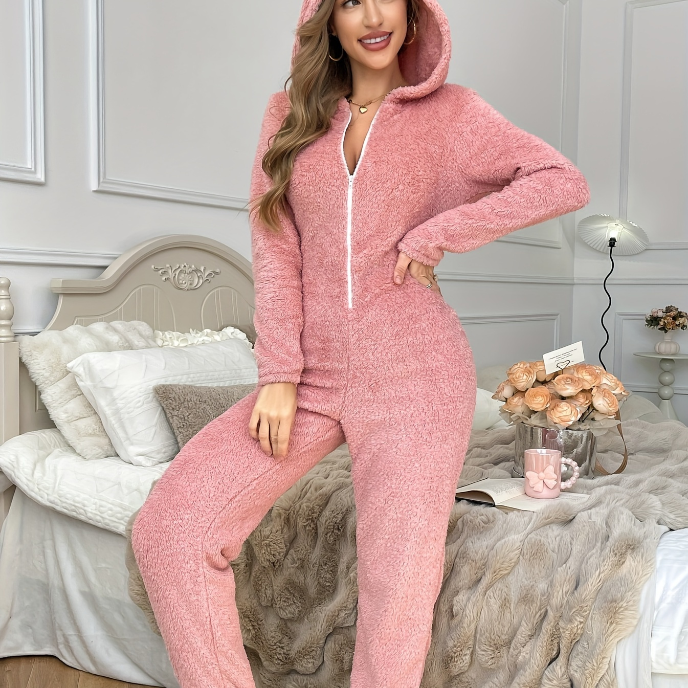 

Cozy Women's Fleece Hooded Jumpsuit - Long Sleeve, V-neck With Feather Detail, Fall/winter