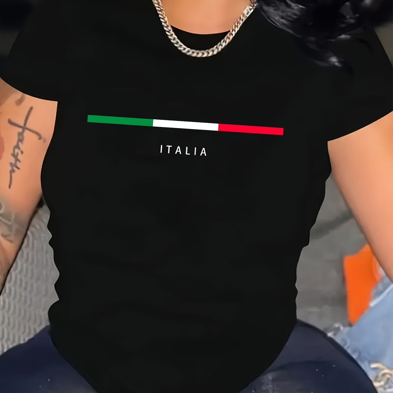 

Italia Letter & Graphic Print T-shirt, Short Sleeve Crew Neck Casual Top For Summer & Spring, Women's Clothing