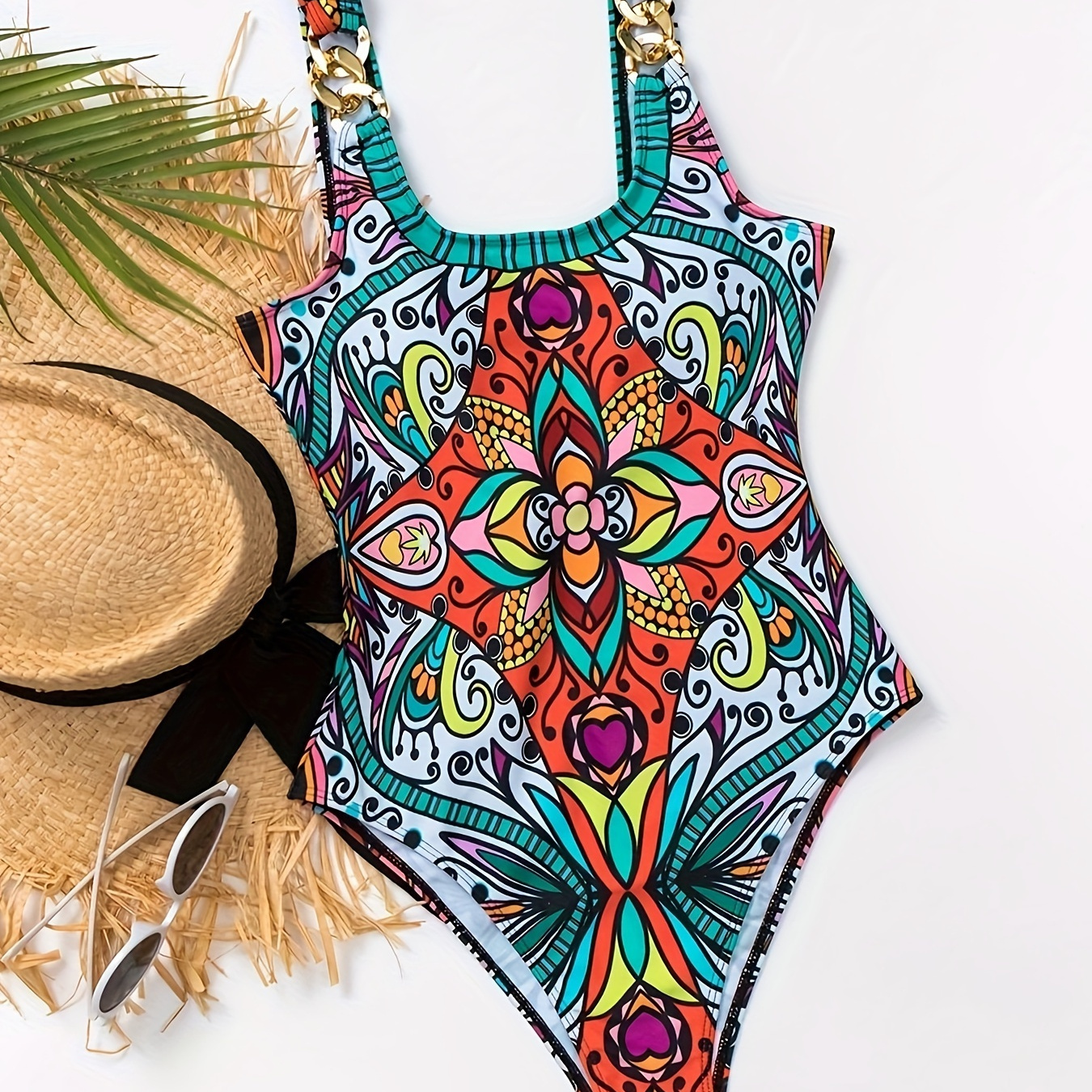 

Women's One-piece Swimsuit, Vibrant Multicolor Print, Casual Style, U-back Beachwear, Summer Swimwear With Tribal Pattern Design