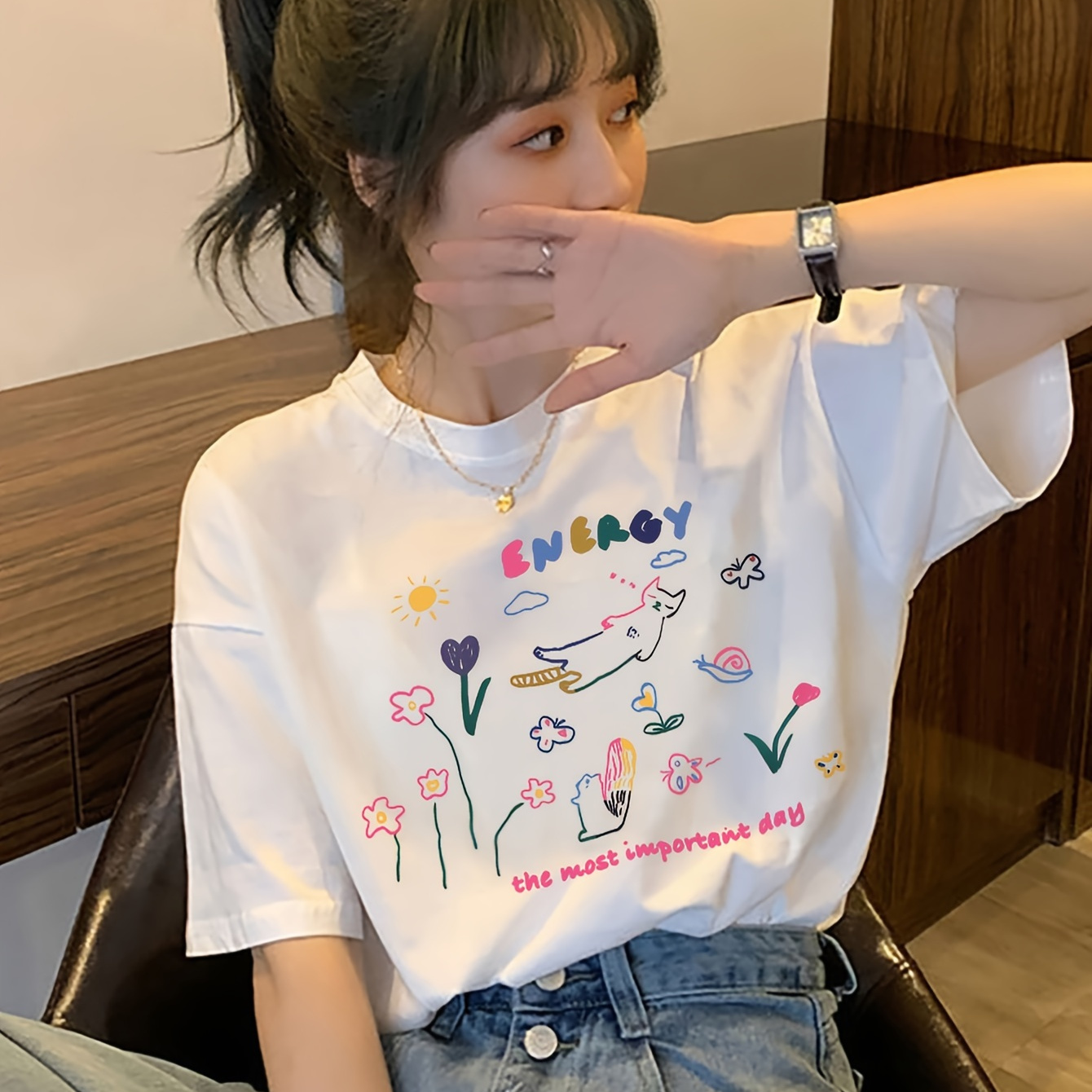 

Cartoon Print Crew Neck T-shirt, Casual Short Sleeve Loose Cotton Top For Spring & Summer, Women's Clothing