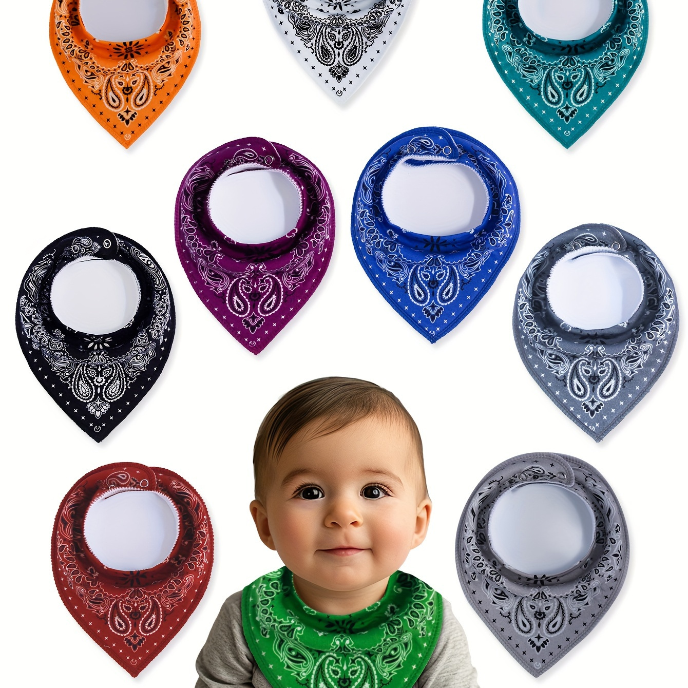 

10 Pack Of Absorbent, Breathable, And Soft Adjustable Snap Bandana Bibs For Boys And Girls With Paisley Pattern