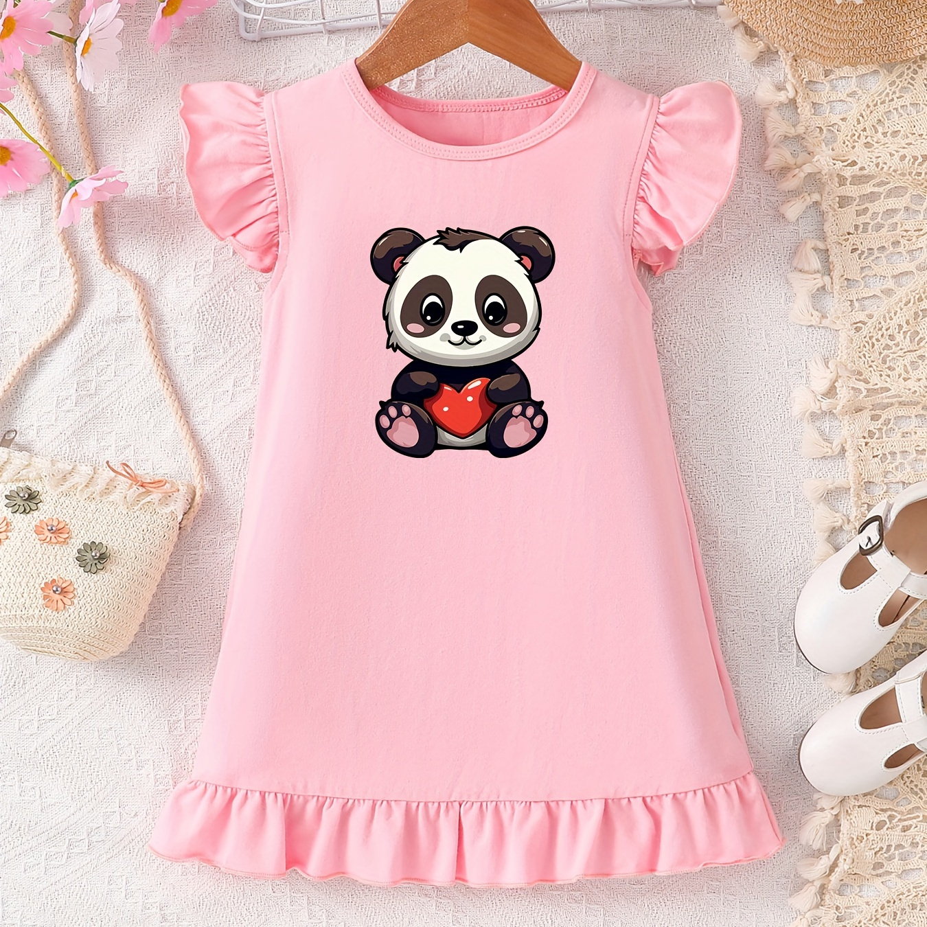 

Cute Cartoon Panda With Heart Graphic Print, Baby Girls' Casual Stylish Crew Neck Ruffle Trim Cotton Dress For Spring & Summer, Toddler Girls' Clothes