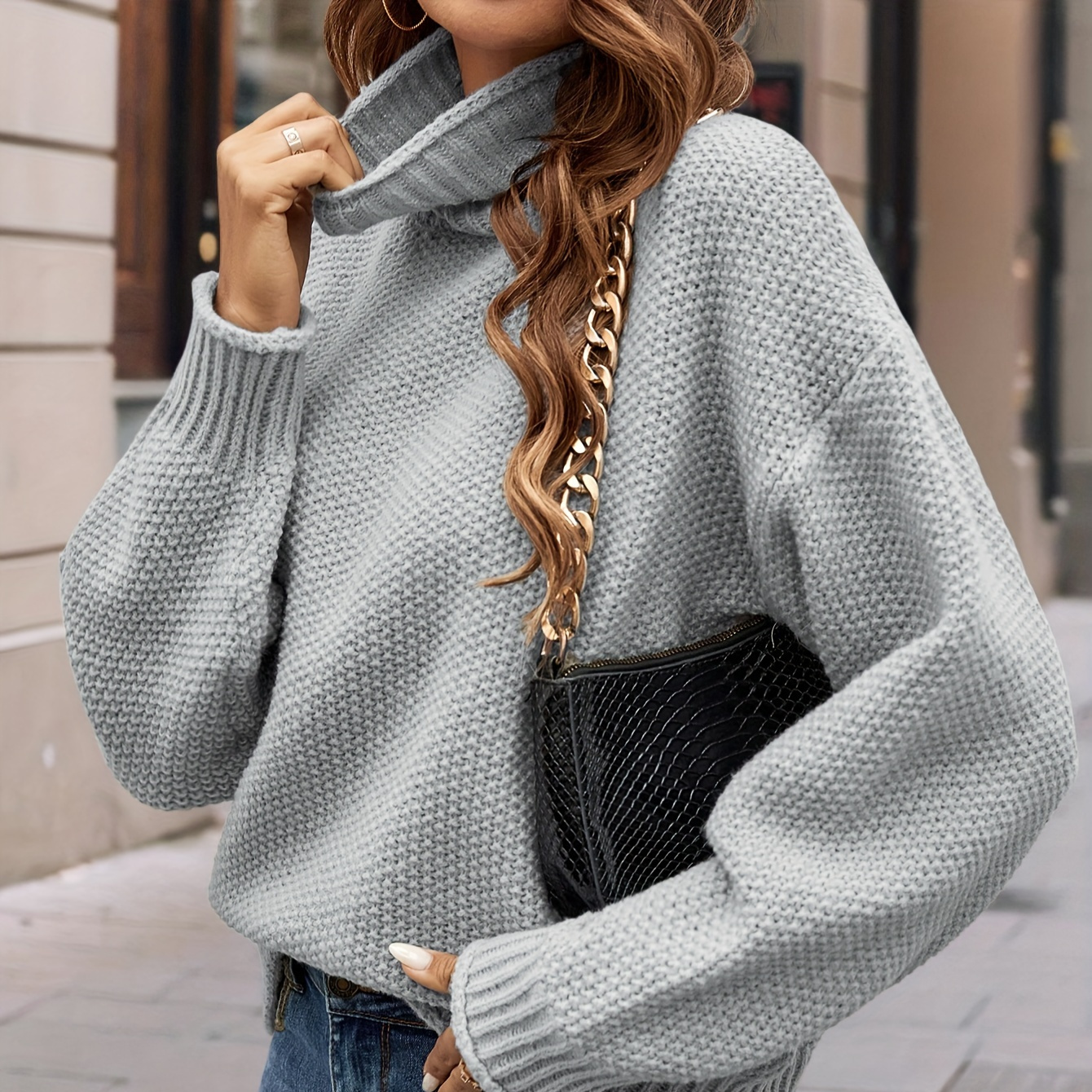 

Solid Turtle Neck Pullover Sweater, Casual Long Sleeve Sweater For Fall & Winter, Women's Clothing