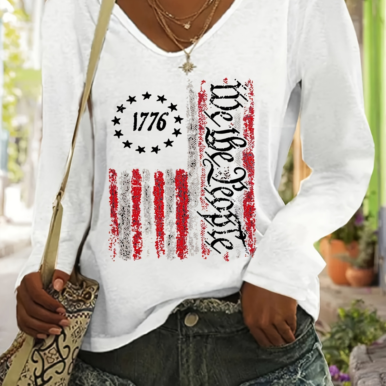 

Flag Print T-shirt, Long Sleeve V Neck Casual Top For Spring & Fall, Women's Clothing