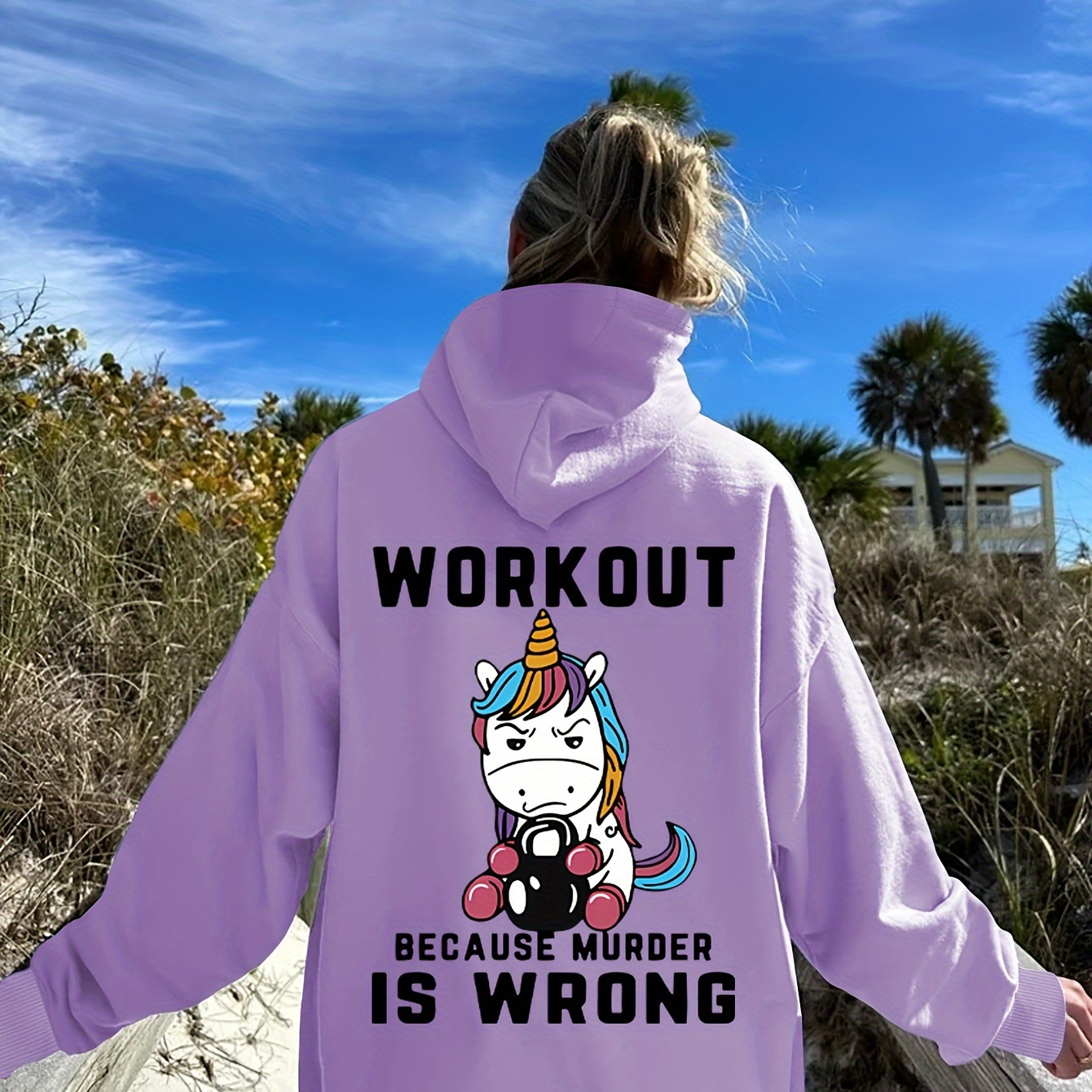 

Unicorn Print Hoodie With Motivational Lettering, Casual Knit Fabric Sweatshirt With Hood, Girls Personalized Embroidered Pullover, Soft Polyester Long Sleeve Hoodie With Pocket For Beach And Wear