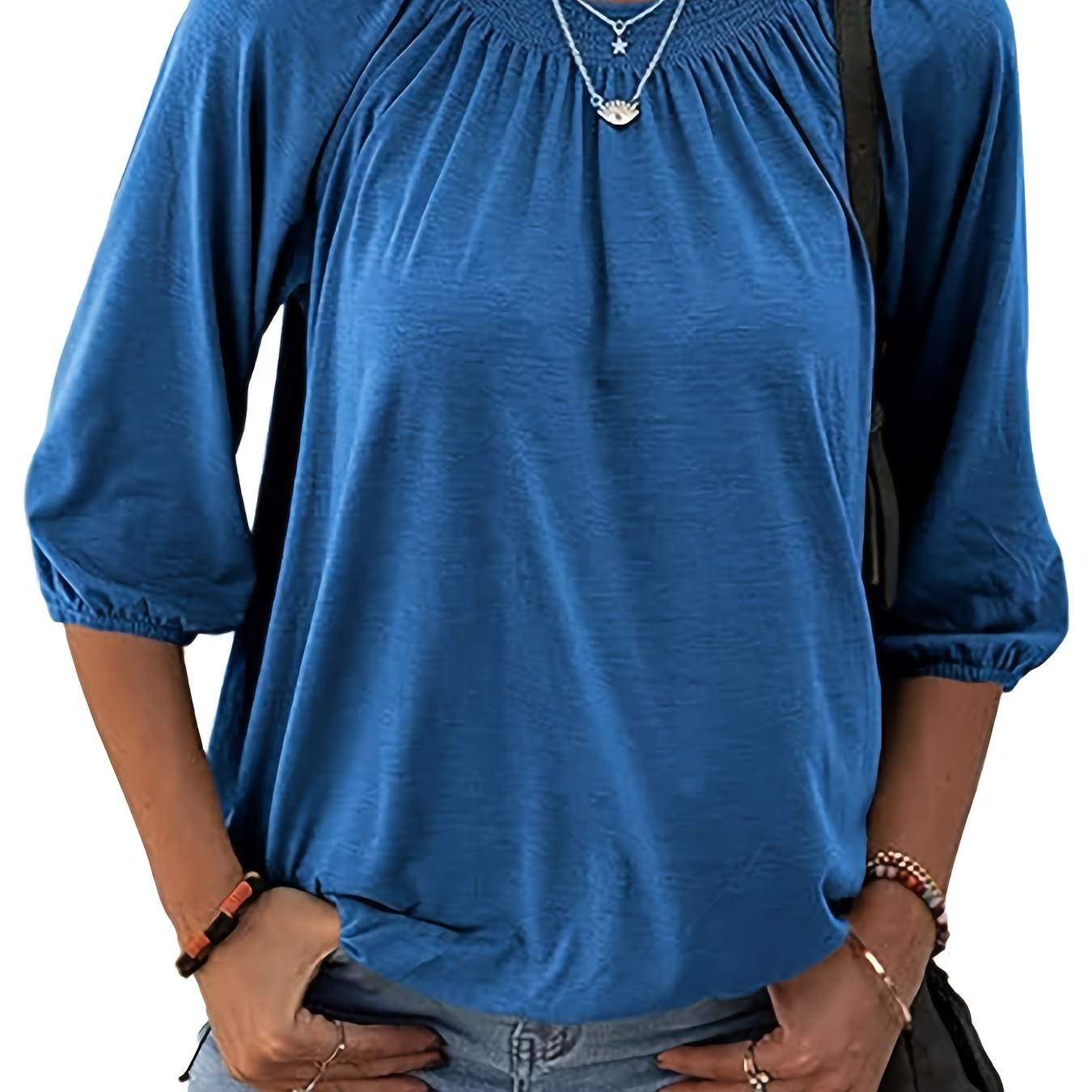 

Women's Crew Neck Shirt 3/4 Sleeves Casual Loose Pleated Basic Top