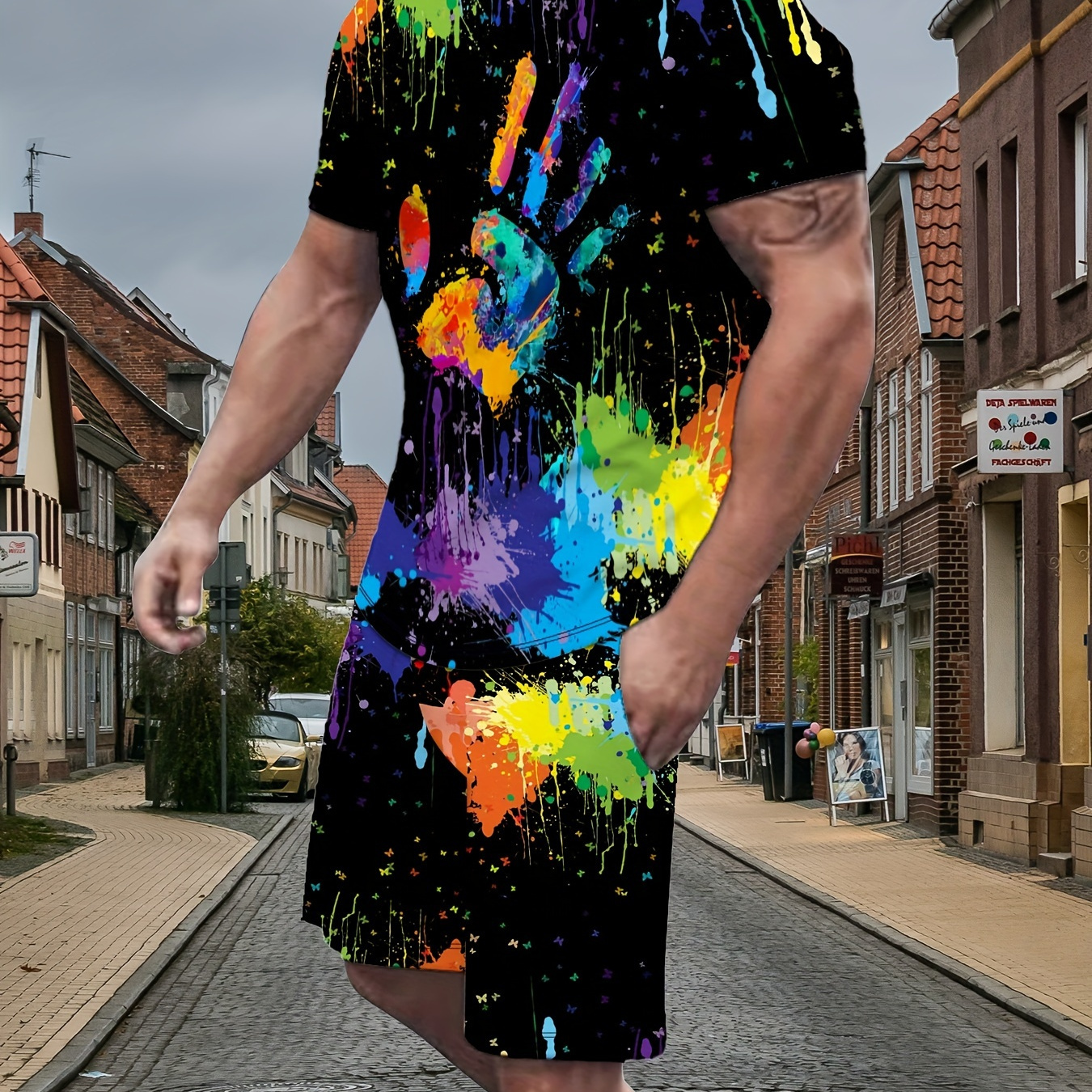 

Men's Outfit, Colorful Graffiti Graphic Print Casual Crew Neck Short Sleeve T-shirt & Shorts 2-piece Set For Summer Outdoor Activities