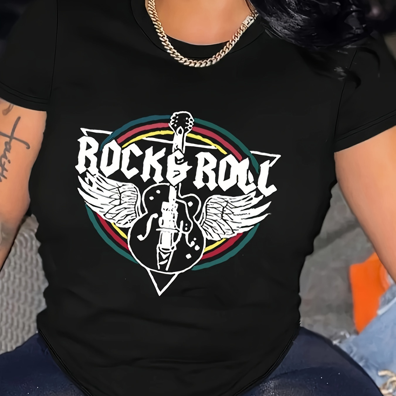 

Plus Size Wing Guitar Print T-shirt, Casual Short Sleeve Top For Spring & Summer, Women's Plus Size Clothing