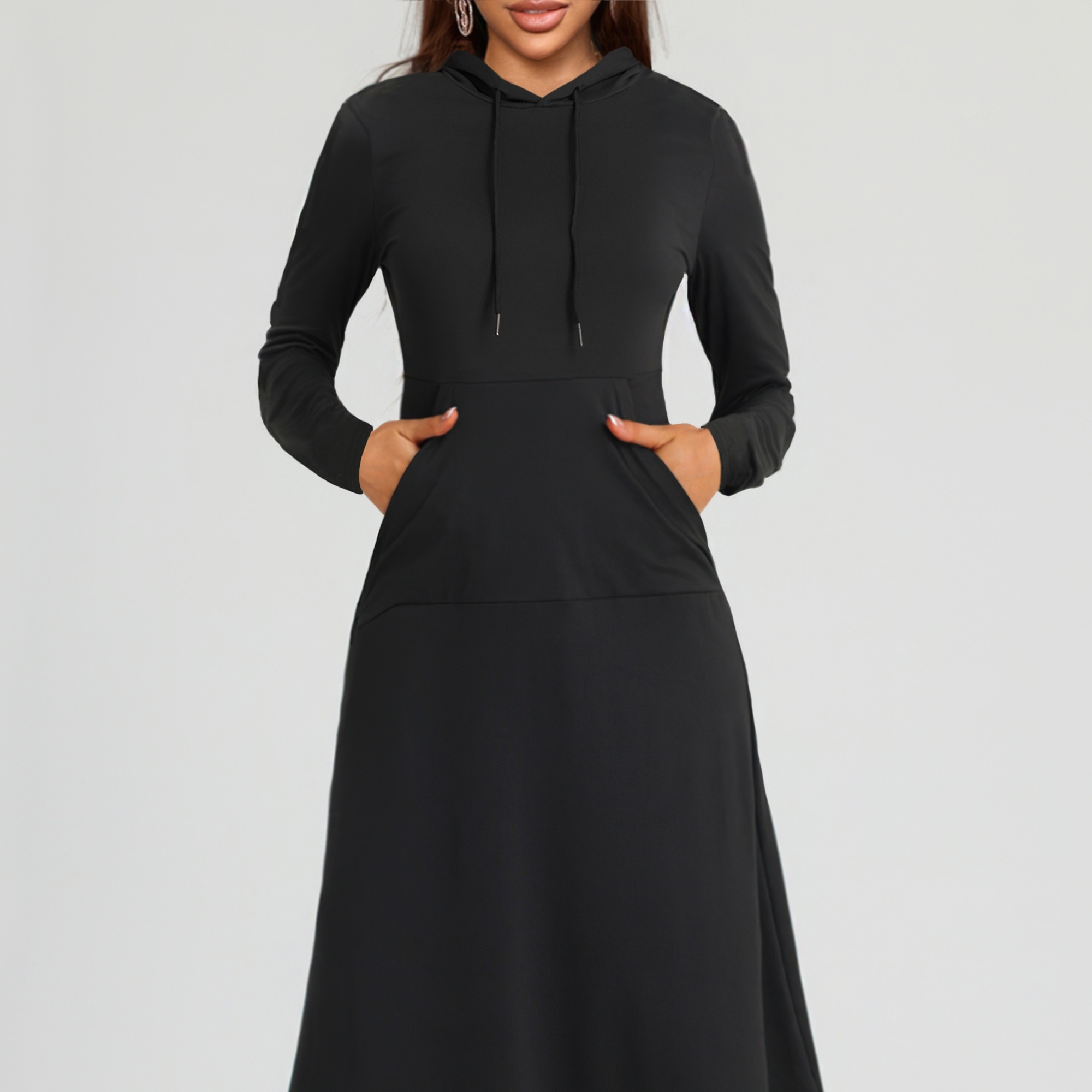

Plus Size Solid Pocket Drawstring Hooded Dress, Casual Long Length Long Sleeve Dress For Spring & Fall, Women's Plus Size Clothing