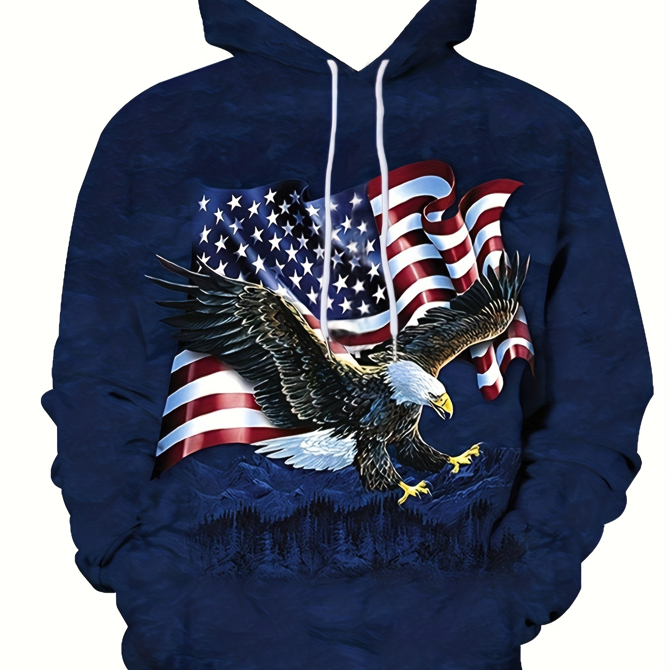 Eagle And Flag Print Hoodies For Men, Graphic Hoodie With Kangaroo Pocket, Comfy Loose Drawstring Trendy Hooded Pullover, Mens Clothing For Autumn Winter