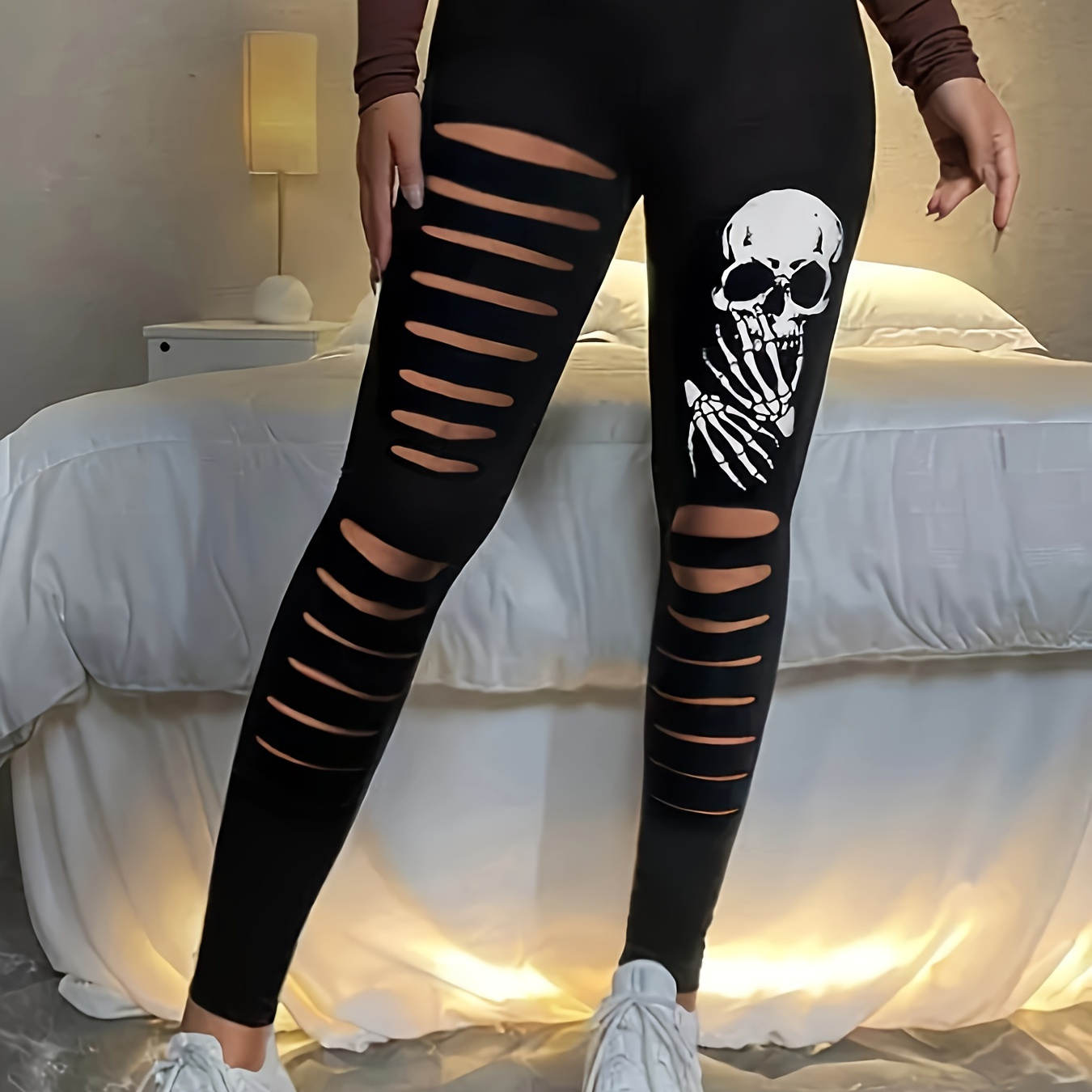 Plus Size Halloween Leggings, Women's Plus Cute Ghost & Spider Web Print  Elastic High * Medium Stretch Leggings