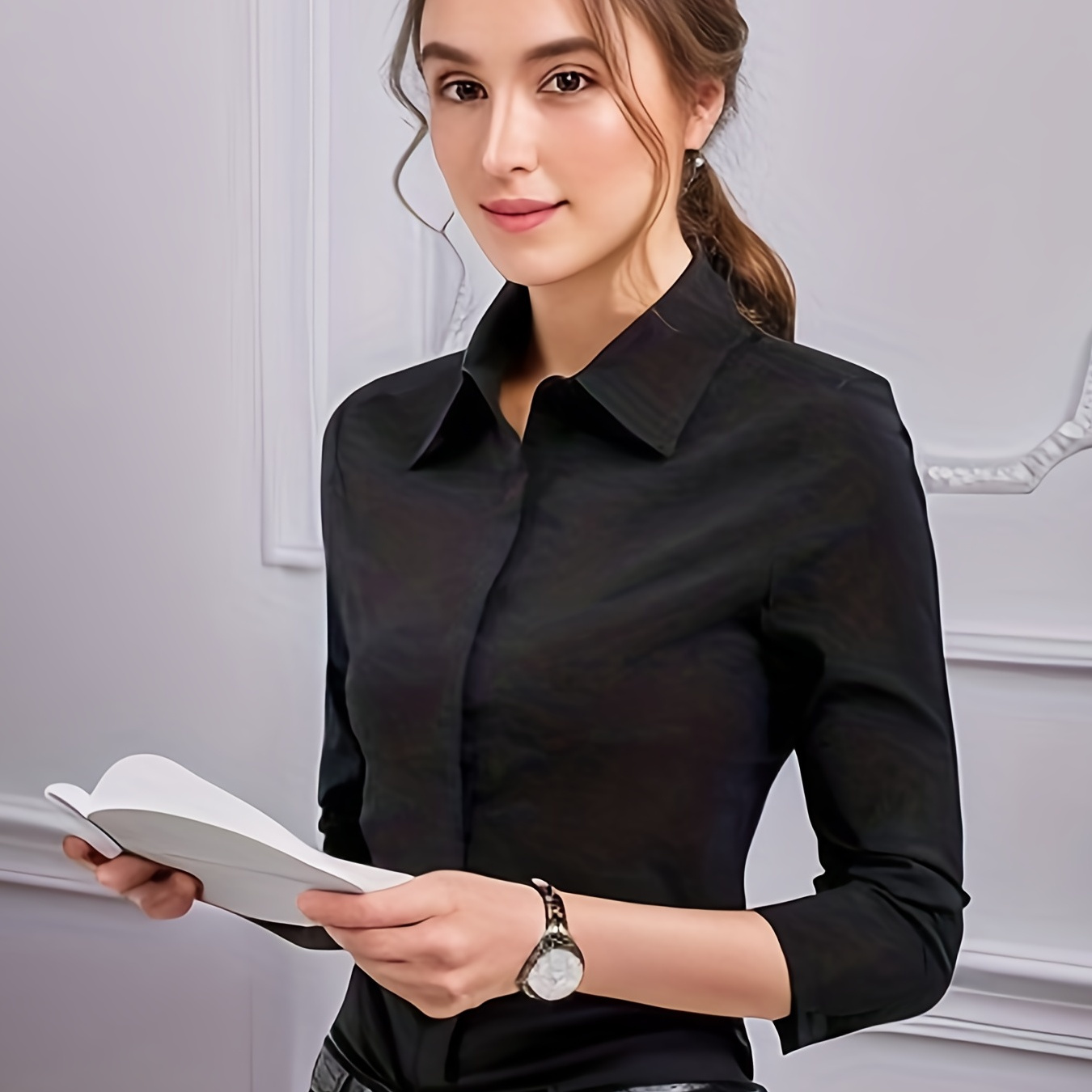 

Professional Women's Black Long Sleeve Top - Versatile And Stylish Shirt For Work And Beyond - Perfect For Fall & Winter