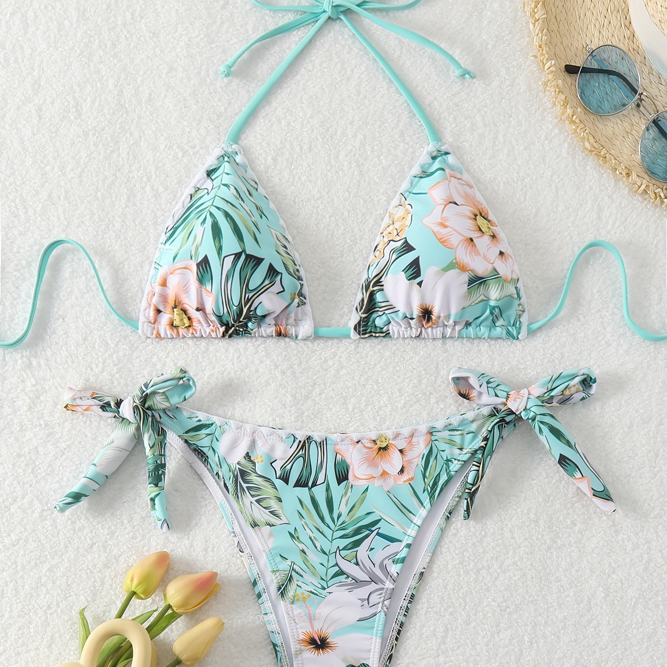 

Women's 2-piece Bikini Set, Floral Print Tie-back Swimwear, Adjustable Triangle Top & Side-tie Bottoms, Summer Beachwear Essentials