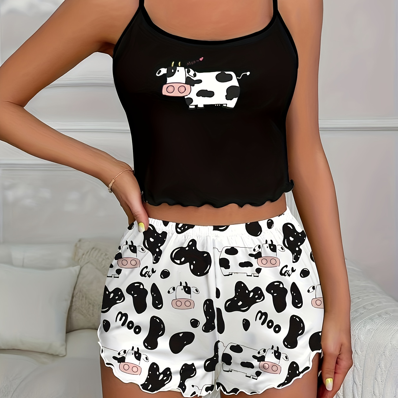 Cartoon Cow Print Pajama Set Crew Neck Cami Top Lettuce Trim