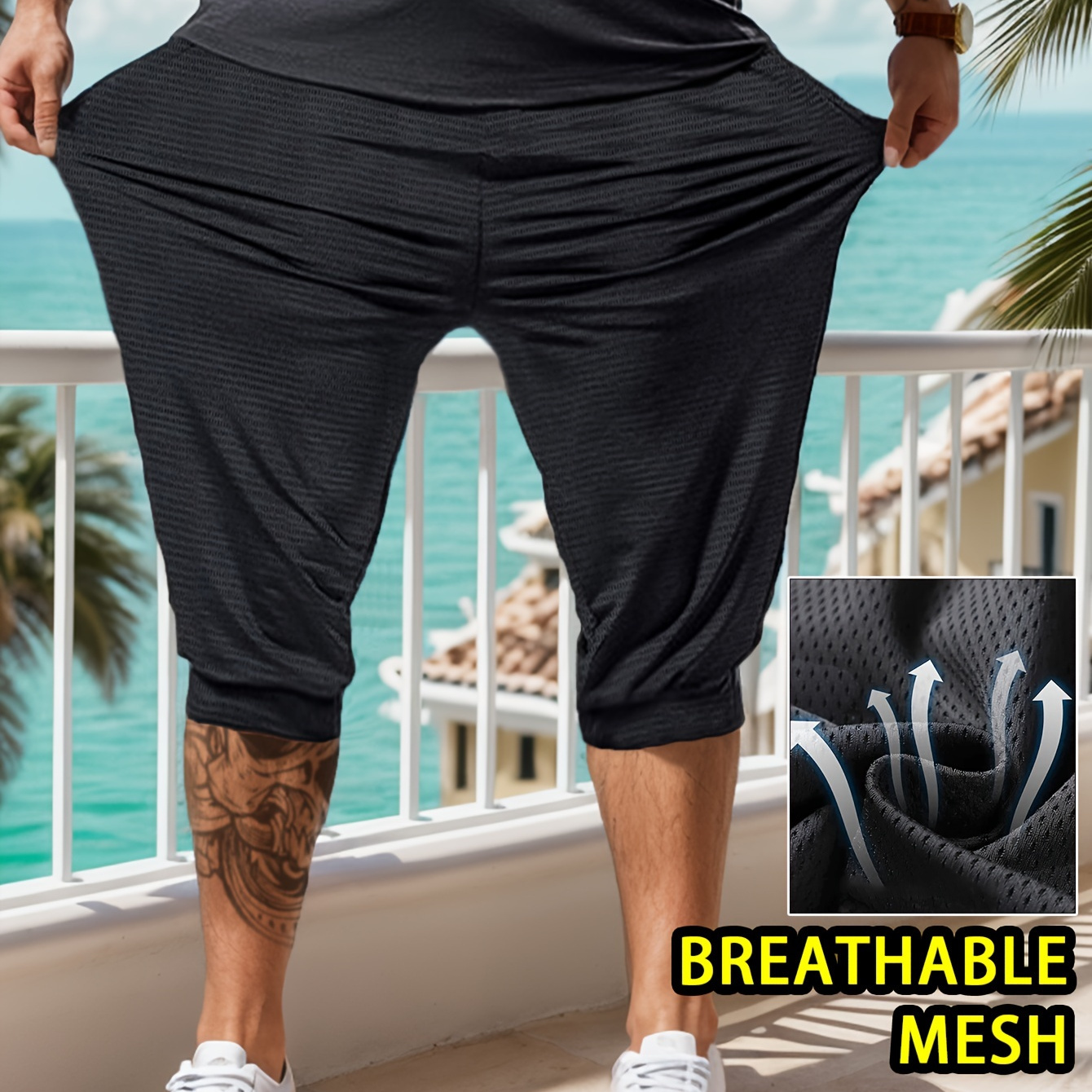 

Men's 3/4 Length Drawstring Waist Shorts With Zip Pockets, Breathable Outdoor Casual Pants For Summer Casual Daily Wear