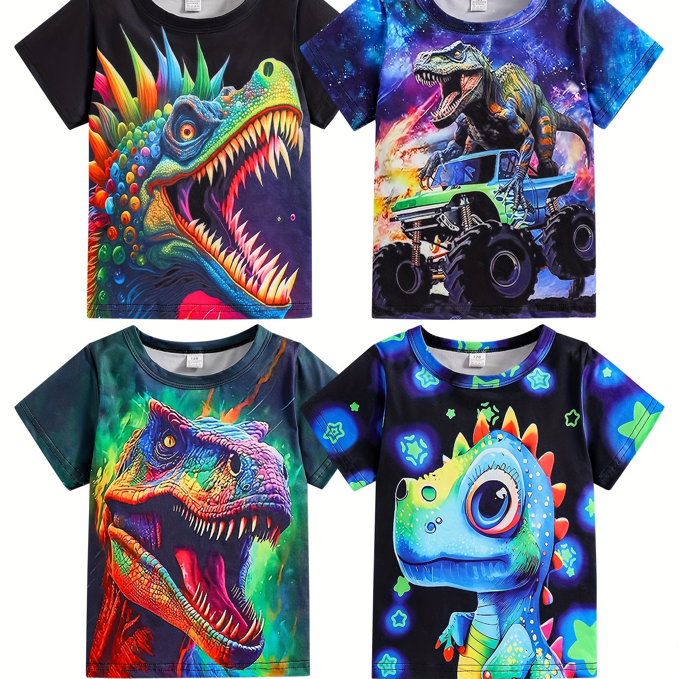 

Boys' 4pcs Dinosaur Print T-shirts - Comfy Polyester , Crew Neck, Short Sleeve, Summer Casual Wear