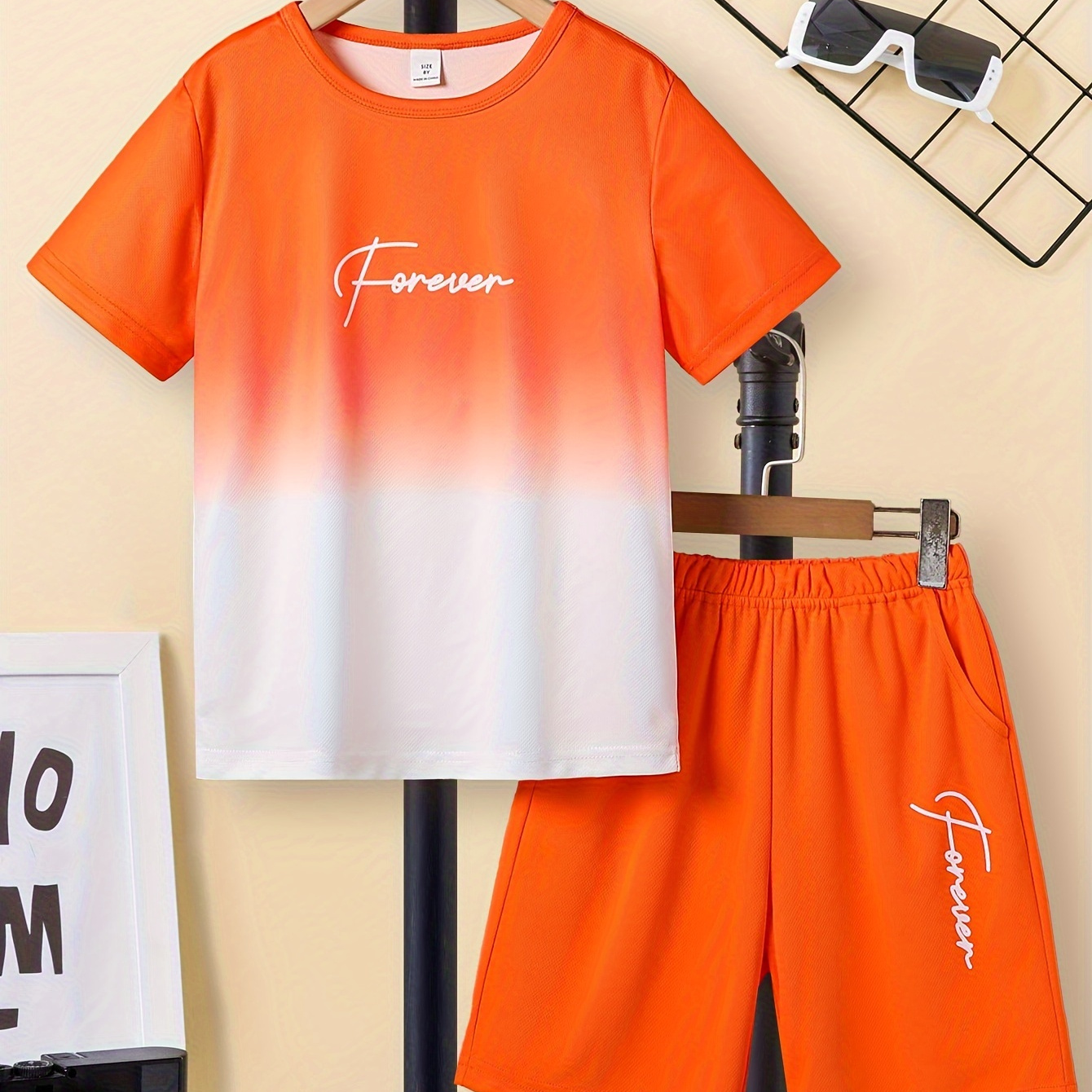 

2pcs Boys Casual Forever Letter Graphic Print Gradient Short Sleeve T-shirt & Shorts Set, Comfy Summer Boys Clothes