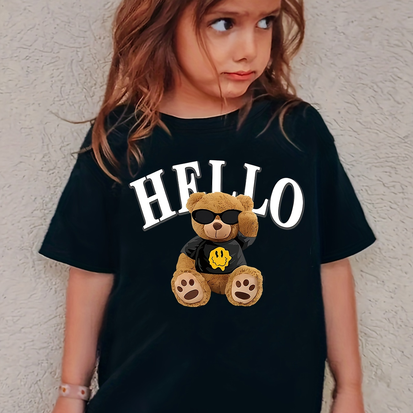 

Cartoon Bear & "hello" Letter Print Creative T-shirts, Soft & Elastic Comfy Crew Neck Short Sleeve Tee, Girls' Summer Tops