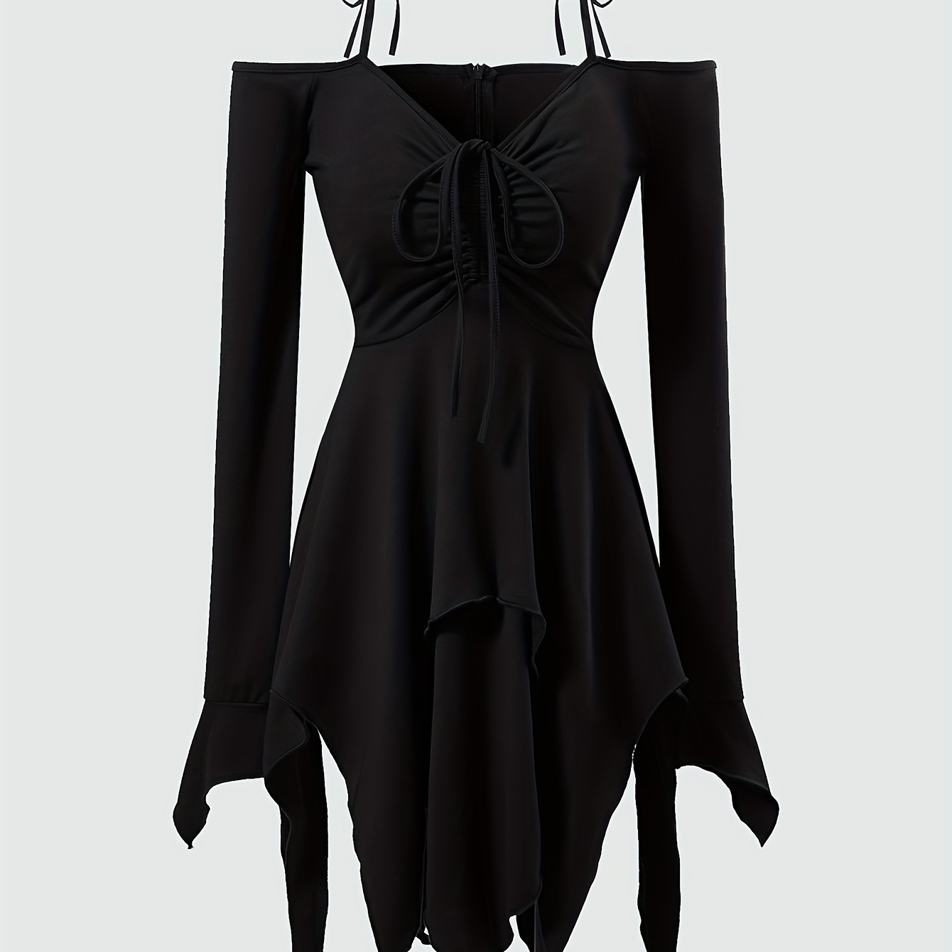 

Chic Black Tie-front Pleated Dress With Long Sleeves - Halloween, Machine Washable, Polyester & Elastane