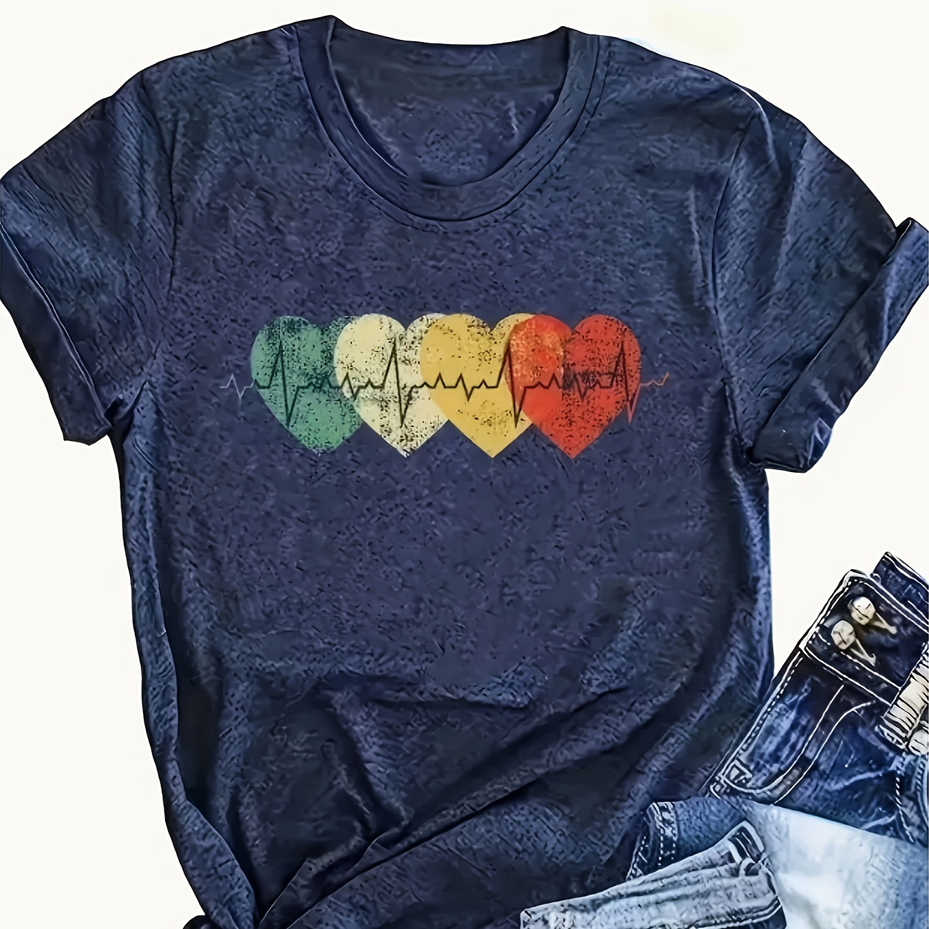 

Plus Size Colorful Love Print T-shirt, Casual Crew Neck Short Sleeve T-shirt For Spring & Summer, Women's Plus Size Clothing