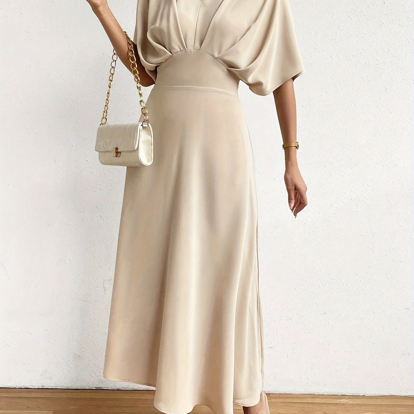 

Solid Color V-neck Dress, Elegant Batwing Sleeve A-line Dress For Spring & Summer, Women's Clothing