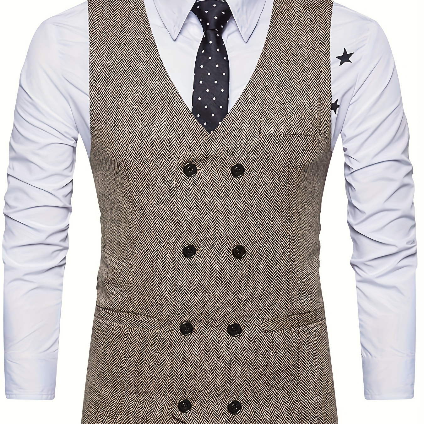 

Men's Casual Herringbone Tweed Vest, Double Breasted Waistcoat, Vintage Fashion Suit Vest For Spring And Autumn