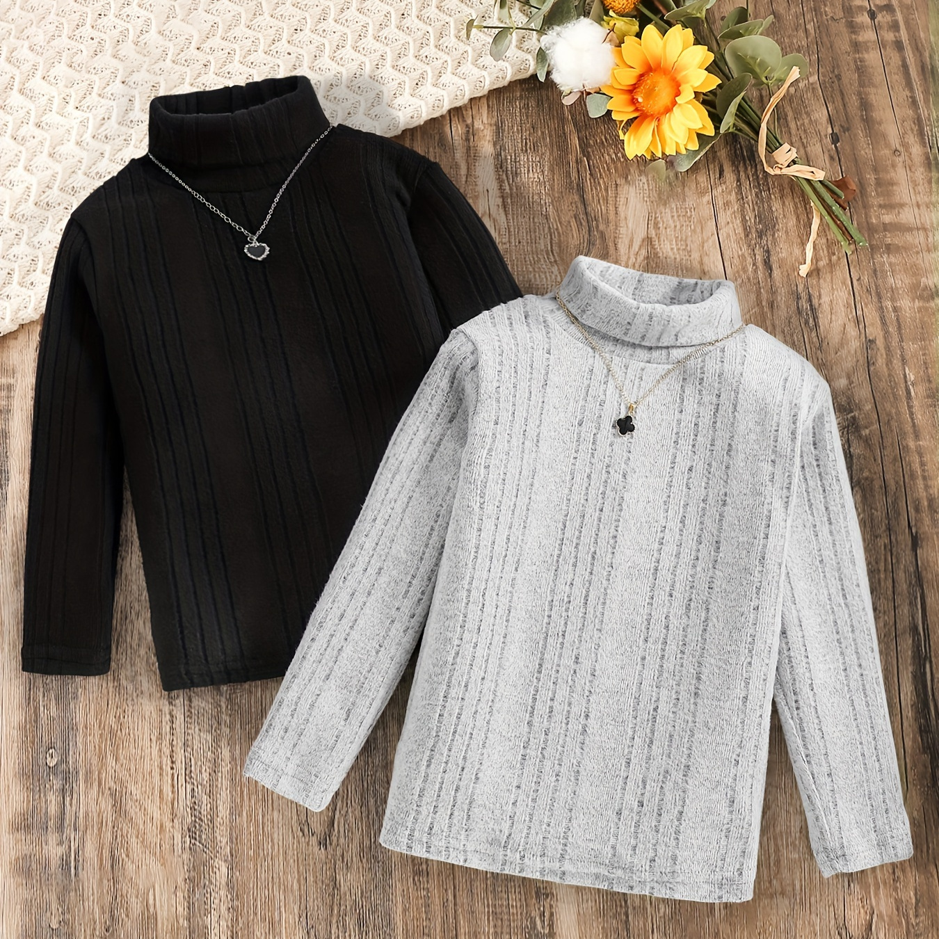 

2 Packs Girls, Solid Ribbed Knit Sweaters High Neck Tops Vintage Comfy Pullover For Spring/ Autumn