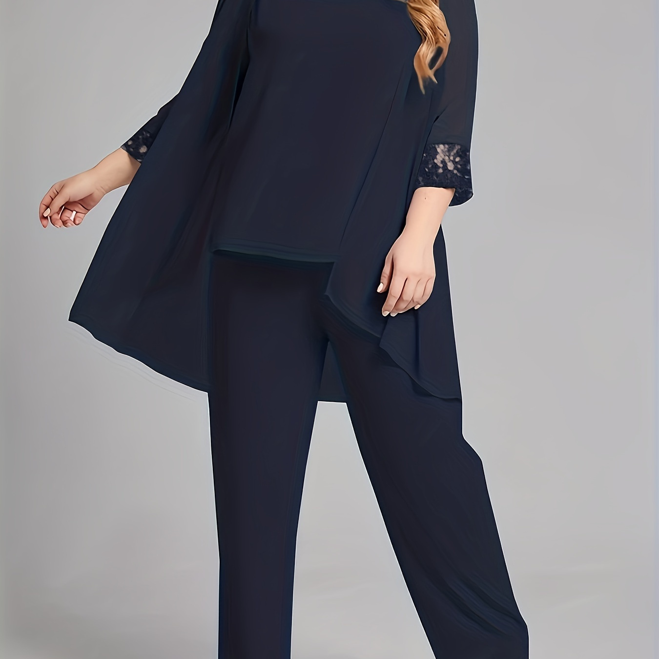 

Plus Size Casual Solid Color Three-piece Set, Contrast Lace Open Front Top & Sleeveless Top & Pants Outfits For Spring & Summer, Women's Plus Size Clothing