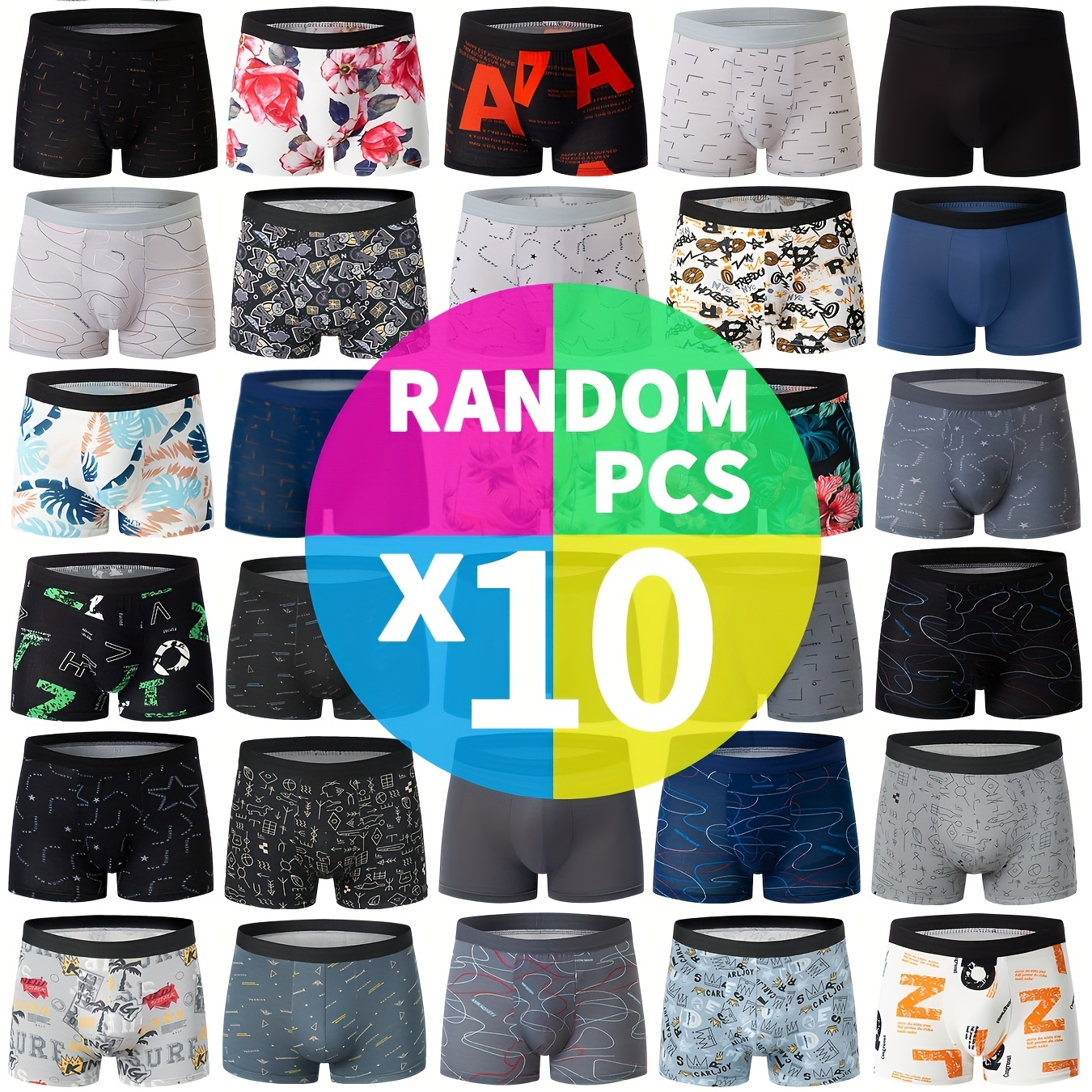 

10 Pcs Men' Style Trendy Print Stretchy Boxer Briefs - Comfy & Breathable Underwear Set