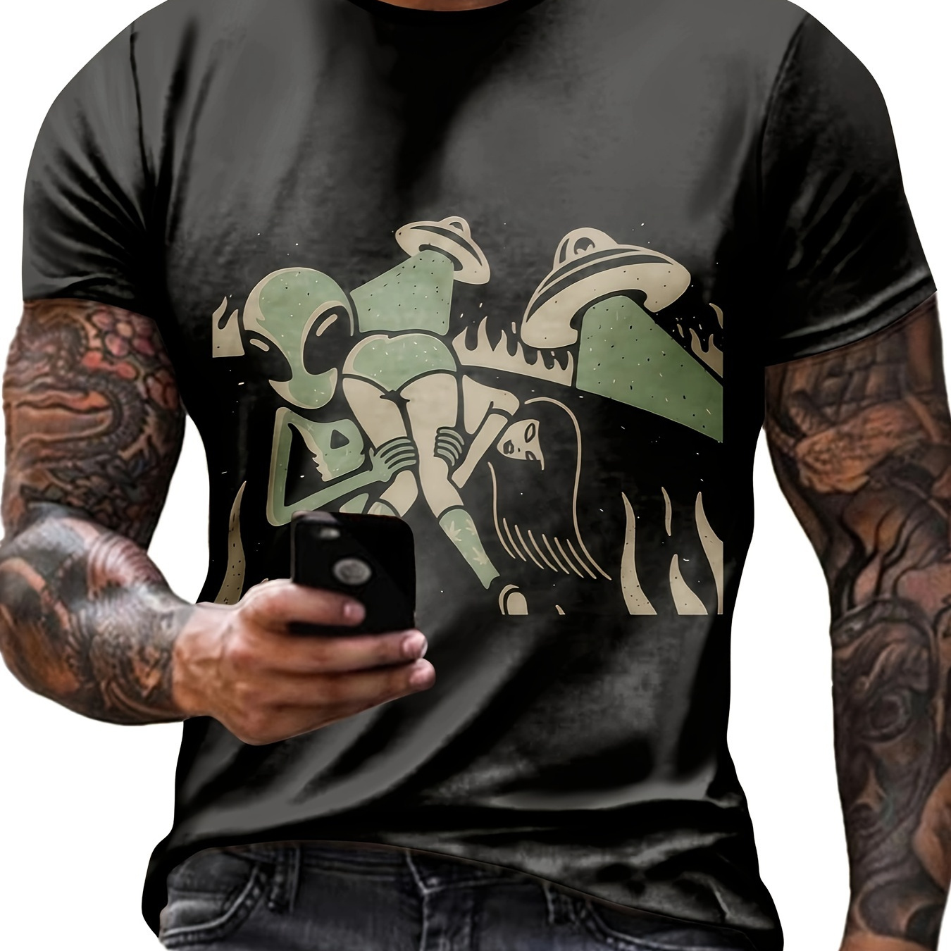 

And The Shoulder Print T-shirt, Men's Casual Stretch Round Neck Tee Shirt For Summer