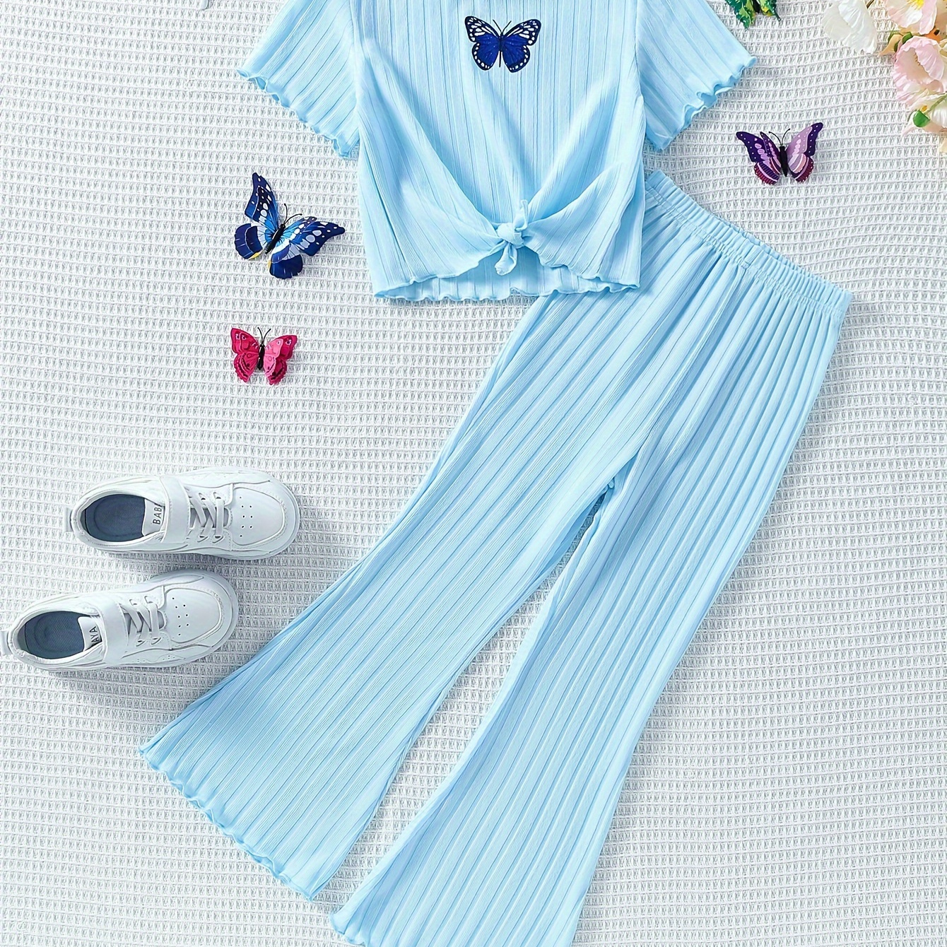 

Butterfly Design 2pcs Set, Girls Frill Trim Short Sleeve T-shirt + Flare Pants Set For Spring Summer