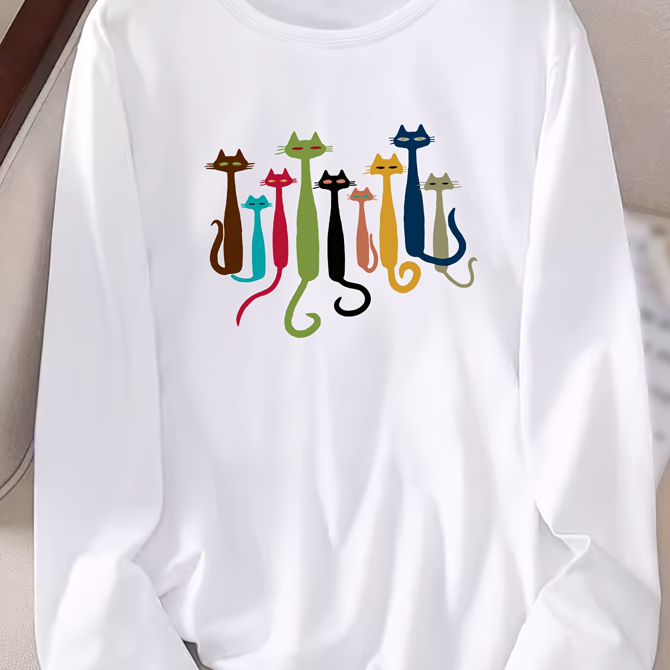 

Women's Casual Crew Neck Long Sleeve T-shirt With Geometric Cat Applique, 100% Polyester Knit Fabric, Medium Stretch, Regular Fit - Spring/fall Collection