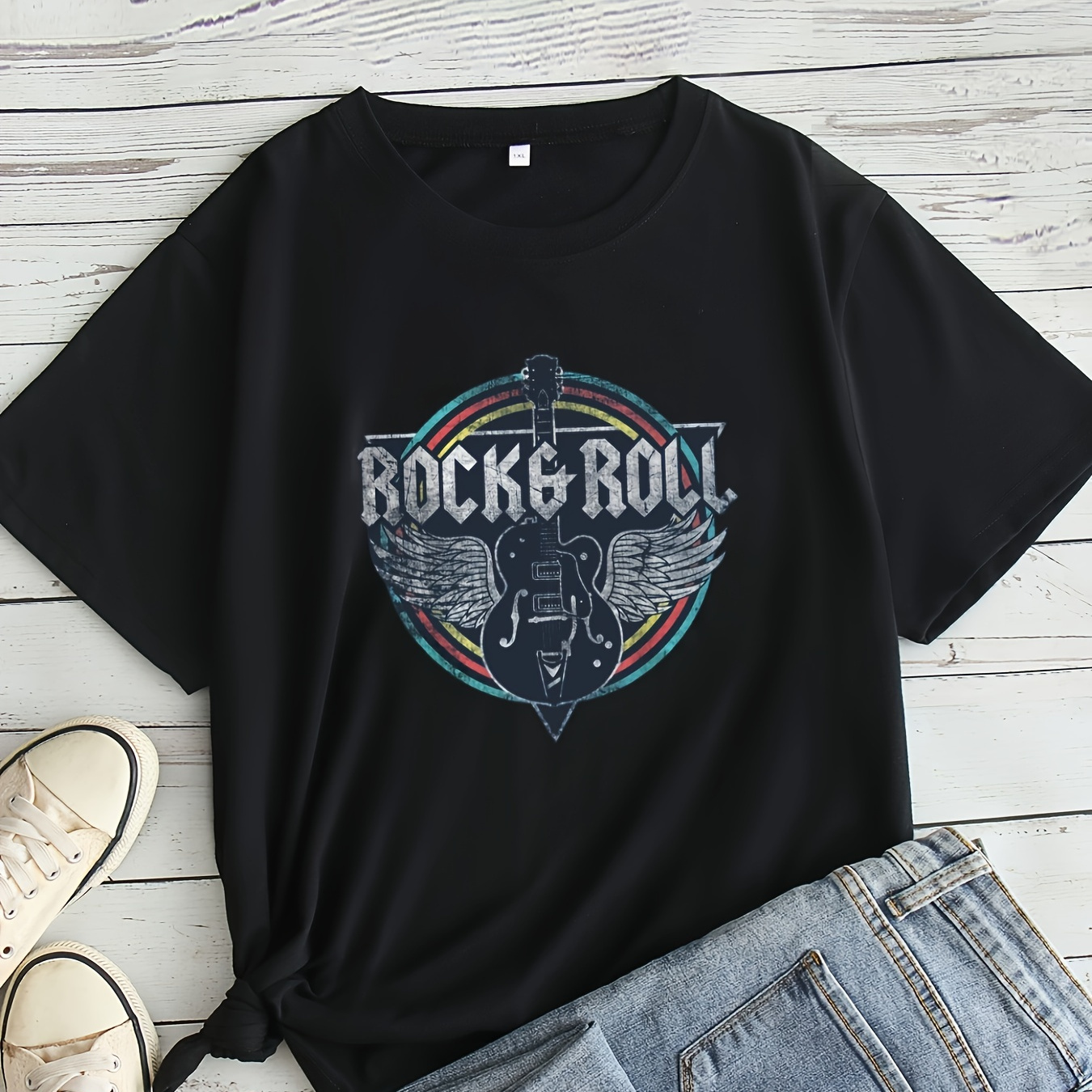 

1pc Women's Plus Size Casual Rock & Roll Print T-shirt, Round Neck, Short Sleeve, Ribbed Knit, Stretch Polyester Fabric, All - 1x To 8xl