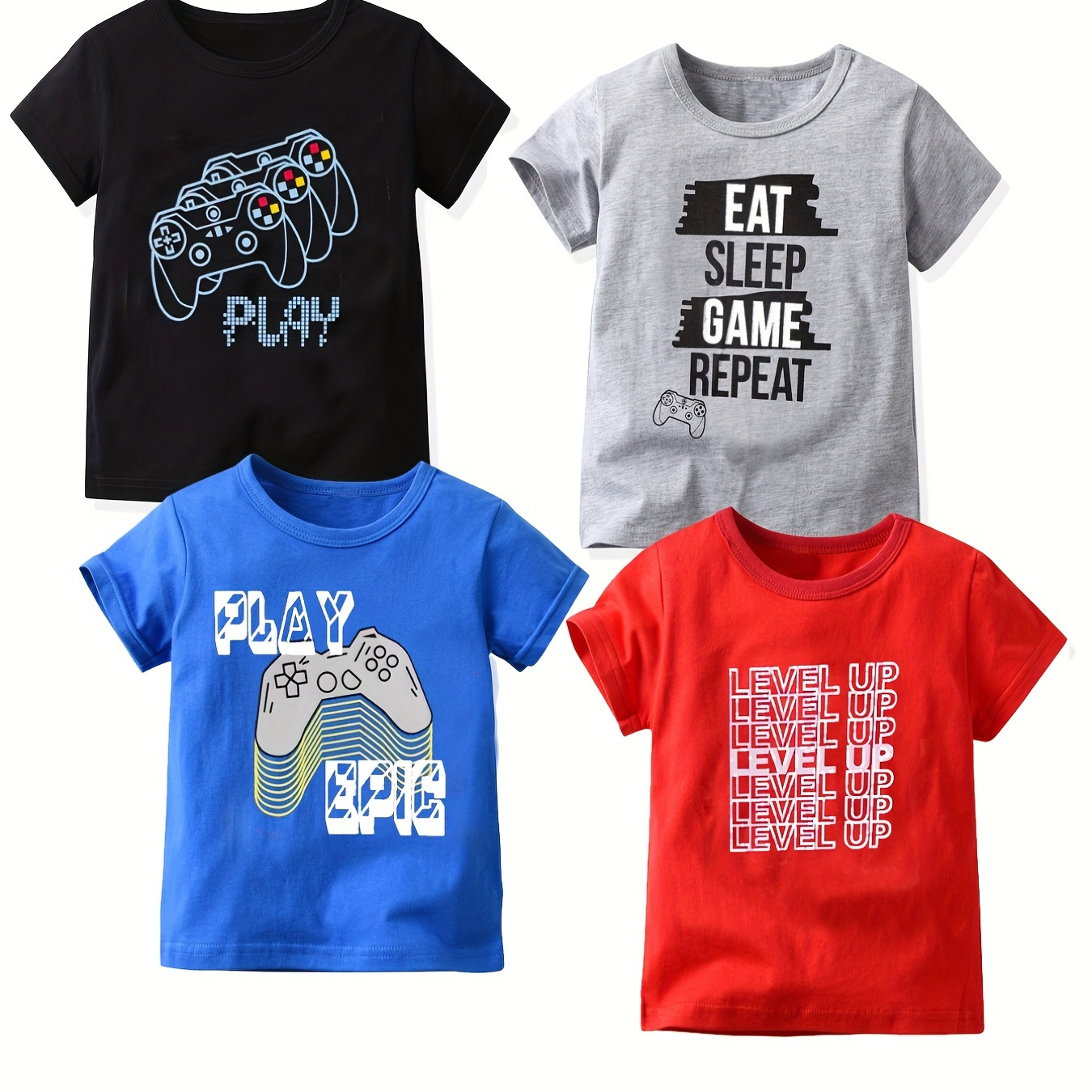 

4pcs Boys Stylish Gamepad And Letter Print Boys Creative T-shirt, Casual Lightweight Comfy Short Sleeve Crew Neck Tee Tops, Kids Clothings For Summer
