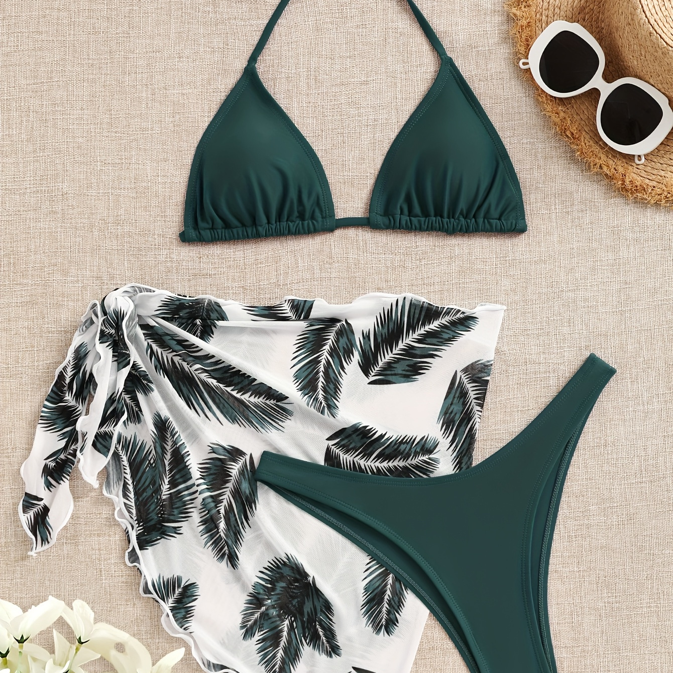 

Leaf Print 3pcs Set Bikini, Halter V Neck High Cut With Cover Up Skirt Swimsuits, Women's Swimwear & Clothing