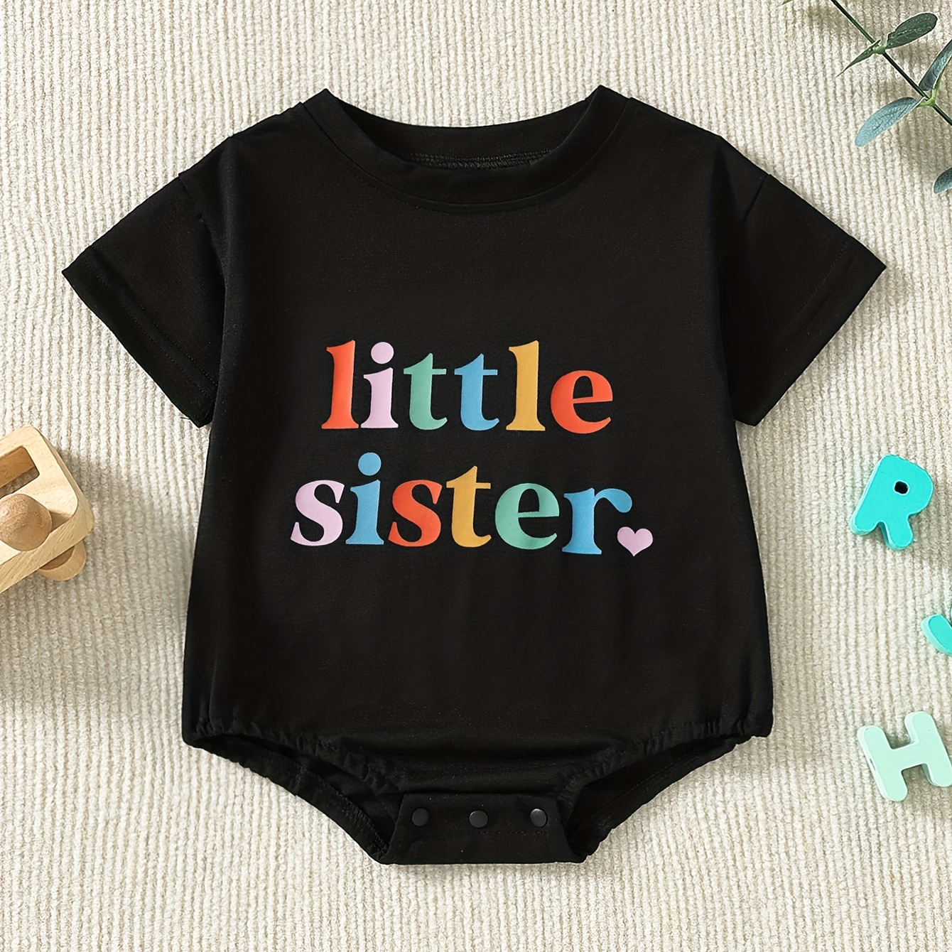 

Baby's "little Sister" Colorful Letter Print Triangle Bodysuit, Casual Short Sleeve Romper, Toddler & Infant Girl's Onesie For Summer, As Gift