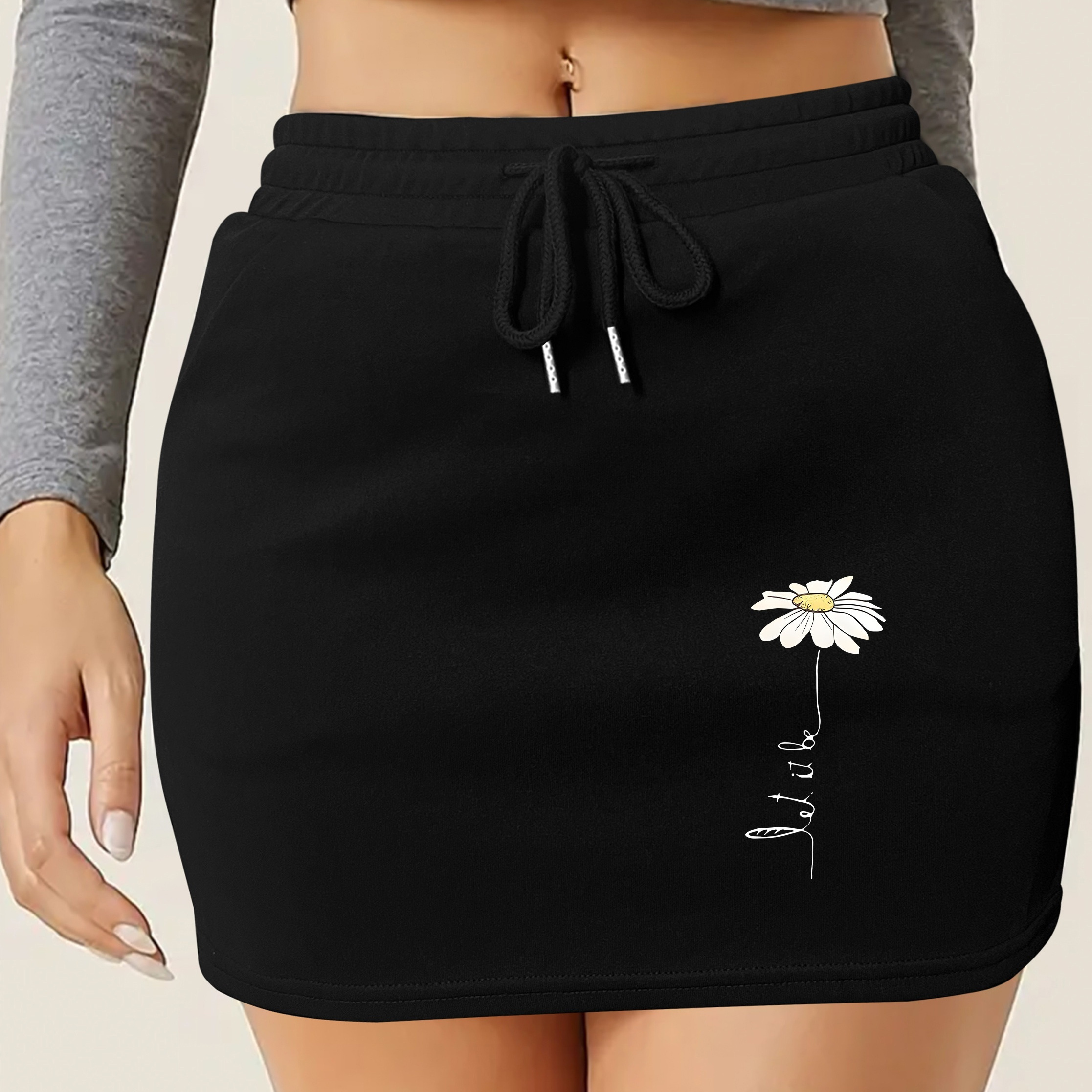 

Women's Floral Printed Short Skirt, Casual Hip Wrap Skirt With Drawstring, 95% Polyester 5% Spandex Knit Fabric, Comfortable And Elegant Skirt, 250g/m² - Black