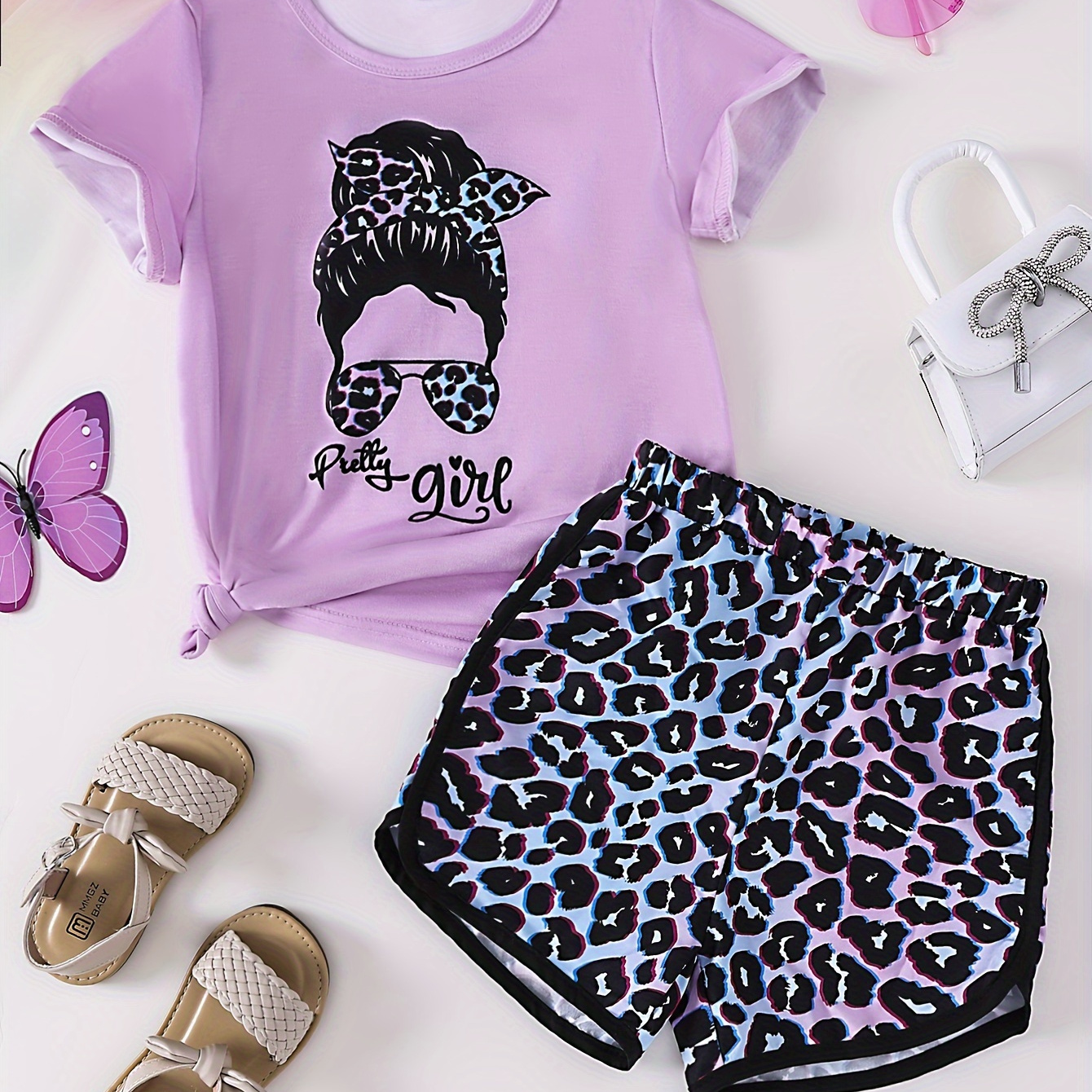 

Stylish Girls 2pcs Portrait & Letter Print Short Sleeve Top + Leopard Shorts Casual Summer Outfit