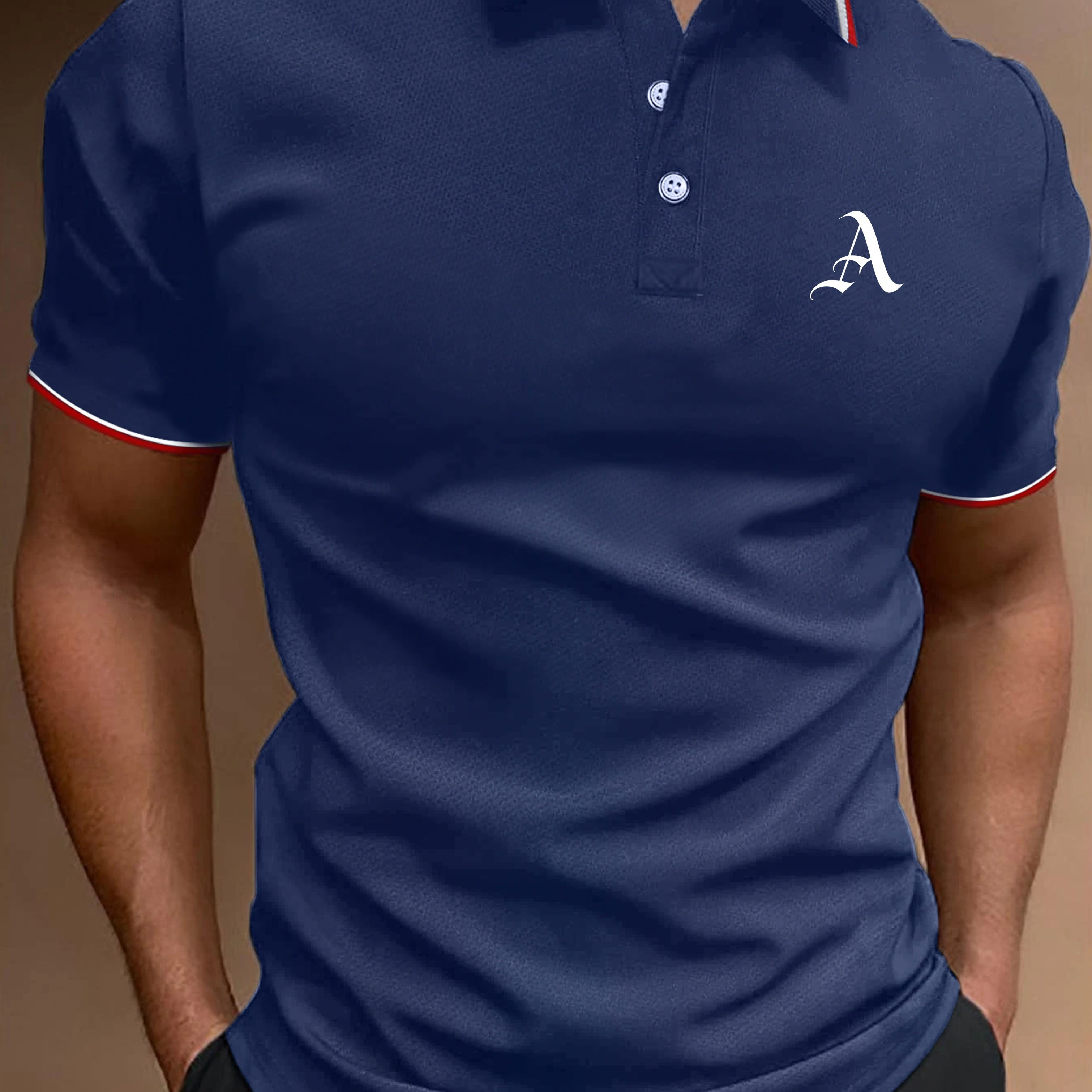 

Letter A Print Casual Slightly Stretch Button Up Short Sleeve Polo Shirt, Men's Polo For Summer