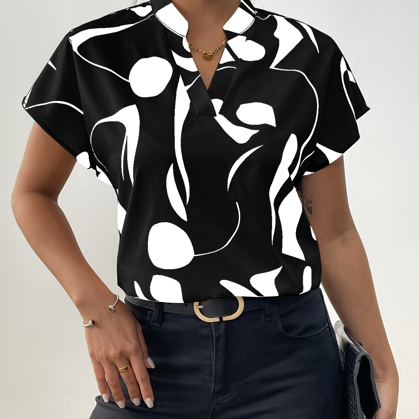 

Abstract Print Notch Neck Blouse, Casual Short Sleeve Blouse For Spring & Summer, Women's Clothing
